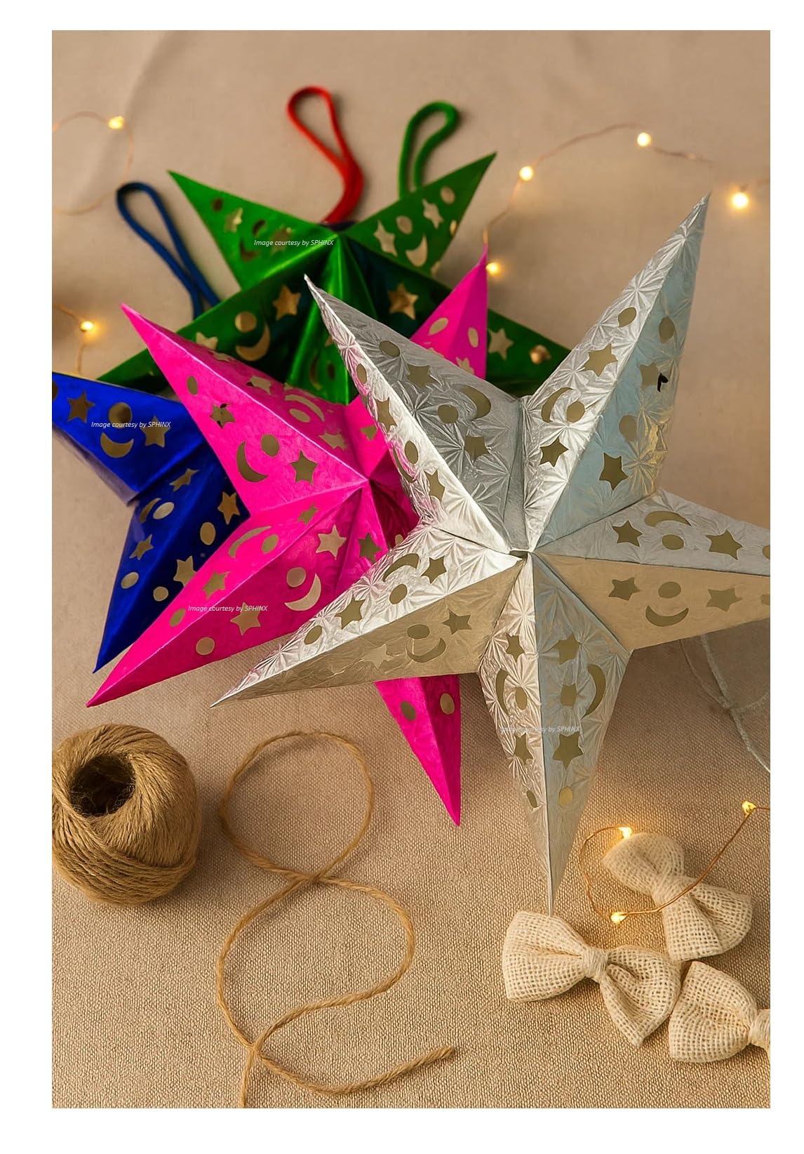 SPHINX Paper Star 30 cm / 10 Inch Hanging Decoration | Foldable & Reusable Assorted Color Paper Stars for Birthday, Wedding, Party, Festival, Diwali, Christmas, New Year & Home Decor- (10, Assorted)