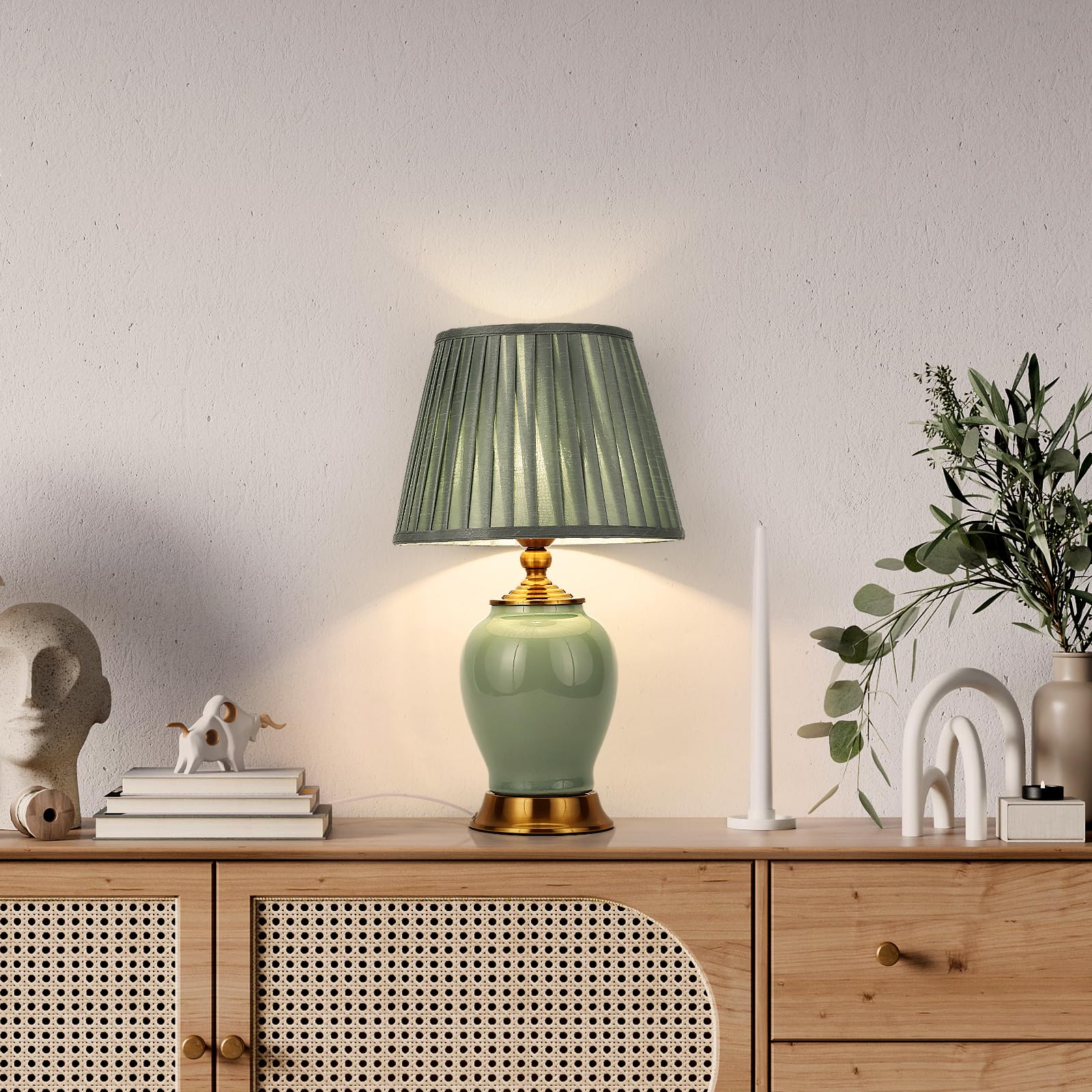 Tischlampe Moderne E27 Nachttisch Lampen, weiße Stoff Lampenschirm Schreibtischlampe, Keramik Nachttisch Lampe Schlafzimmer Dekoration Studie Leselampe, Grün