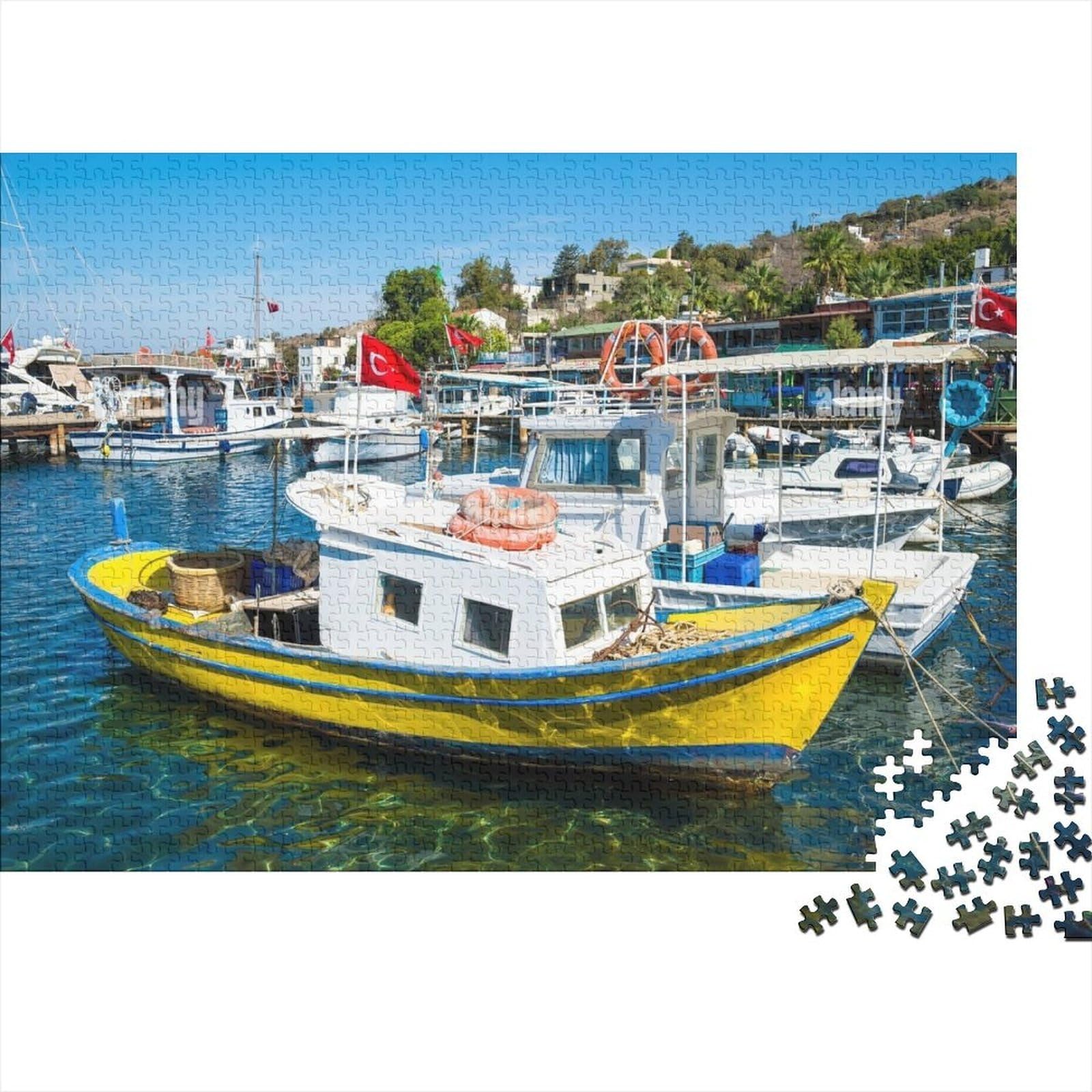 Fishing Boat Jigsaw Puzzle 1000 Pieces Recyclable Coastal Harbor Senior Puzzles Educational Game Decompression Ideal for Family And Friends Birthdays 52x38cm/1000pcs