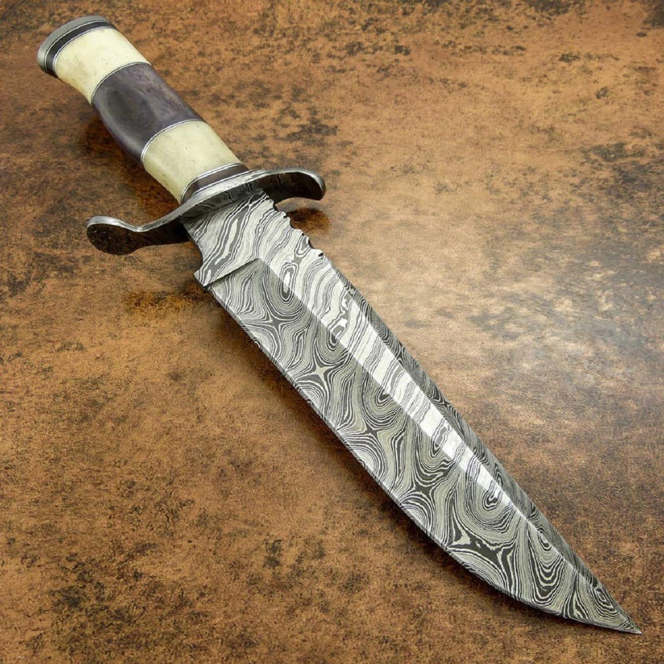 KE-01284-HK Custom and Handmade Damascus Steel Hunting Knife with Leather Sheath