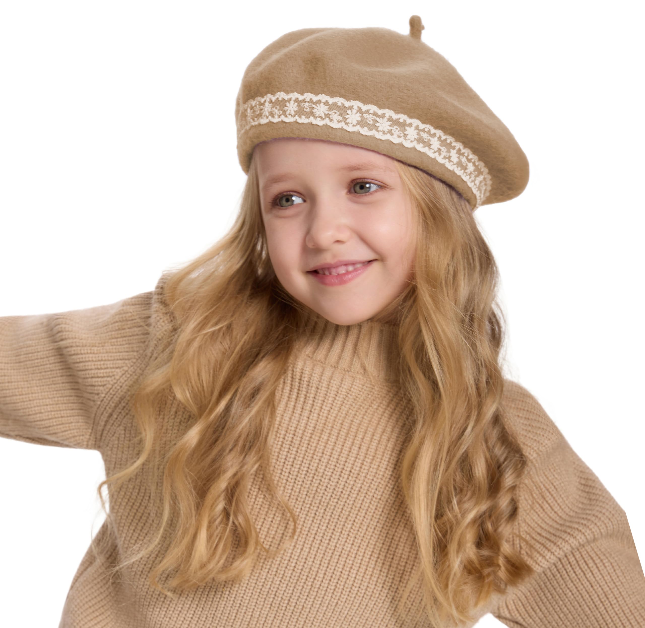 ZLYC Wool Kids Beret Hat Girls Solid Color Artist French Beret Cap(Lace Camel),One Size - Image 2