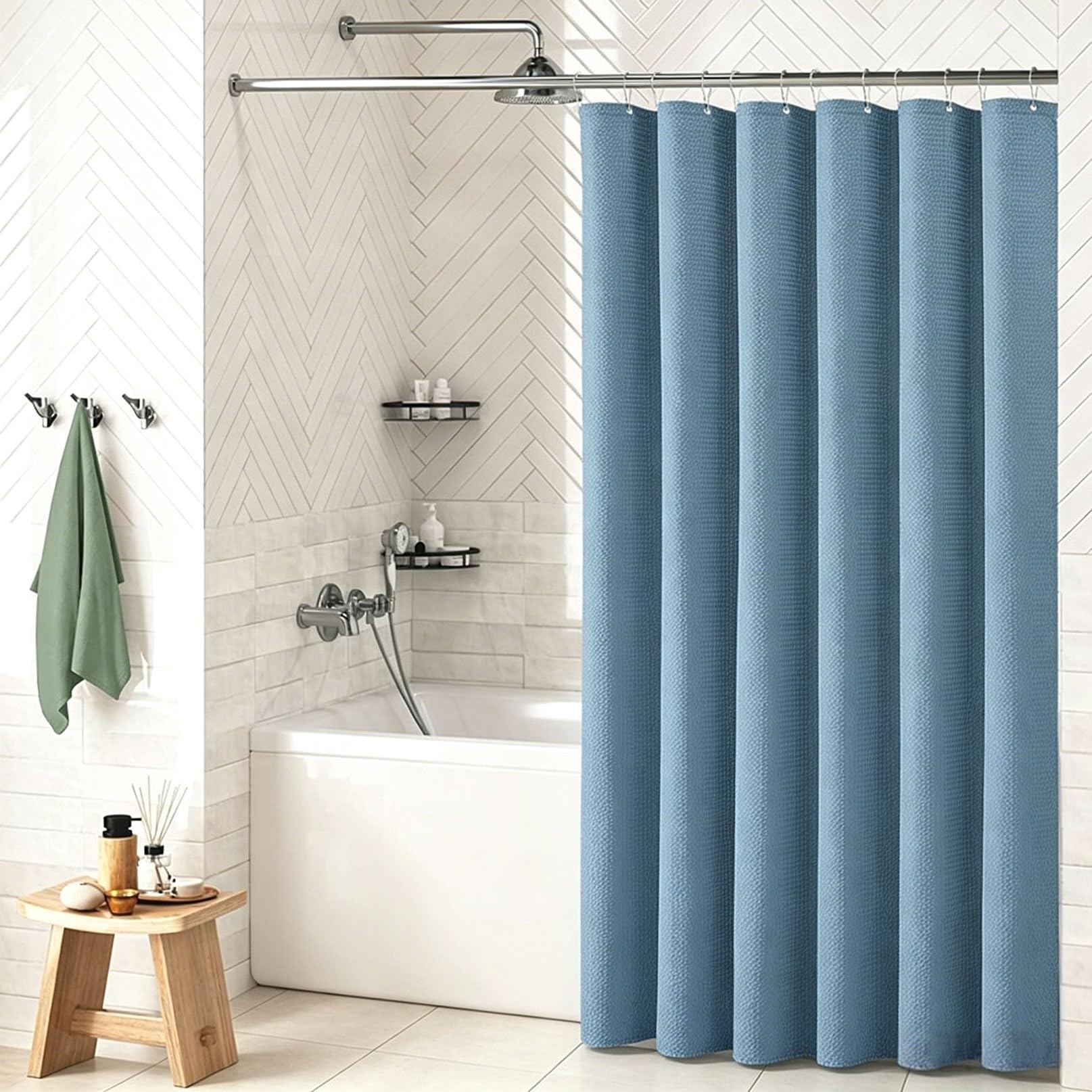 RCYONGQ Shower Curtain Polyester, Water Repellant Fabric, Waffle Bathroom Curtains Includes 12 Pcs Curtain Hooks, Quick-Drying, 230g/㎡ for Bathroom Wet Room Tub(Blue,180x180cm)