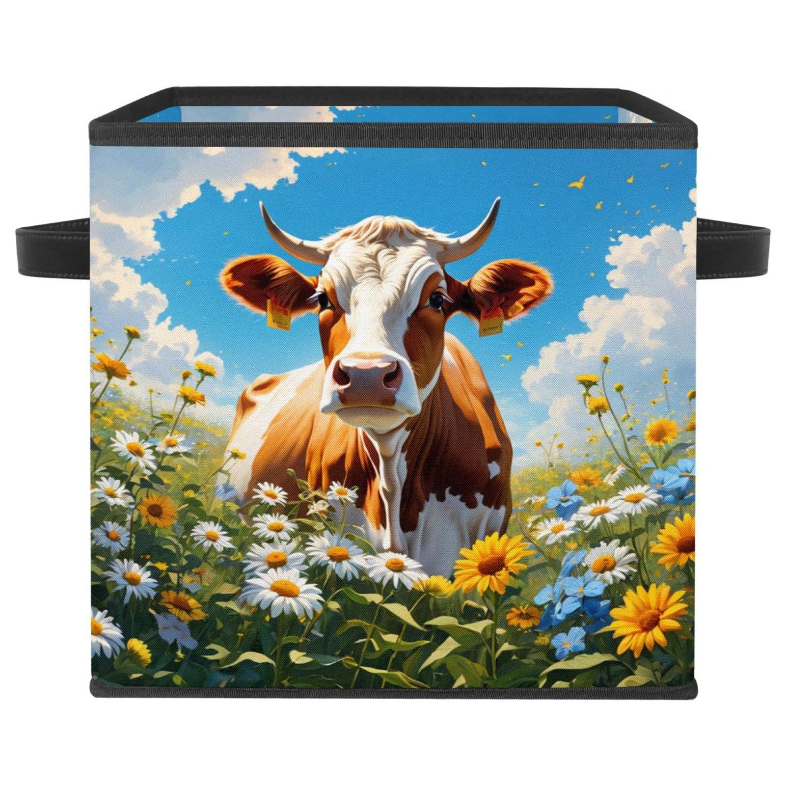 Boîte de rangement pliable motif vache mignonne et poignées en cuir