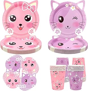Cat Birthday Party Supplies Set, Kitten Tableware Includes Plates, Cups, Straws for Kids Cat Party Decorations, Serves 20 Guest (Serves 20)