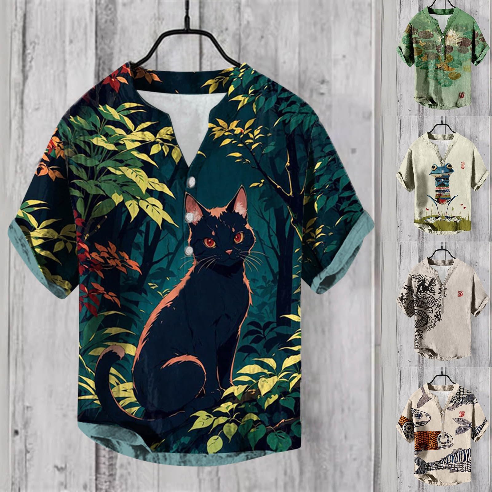 Camicia da uomo a maniche corte hawaiana, con stampa digitale 3D, con fibbia a tasca, da uomo, con scollo a V, a maniche corte, traspirante, per allenamento, business, tempo libero
