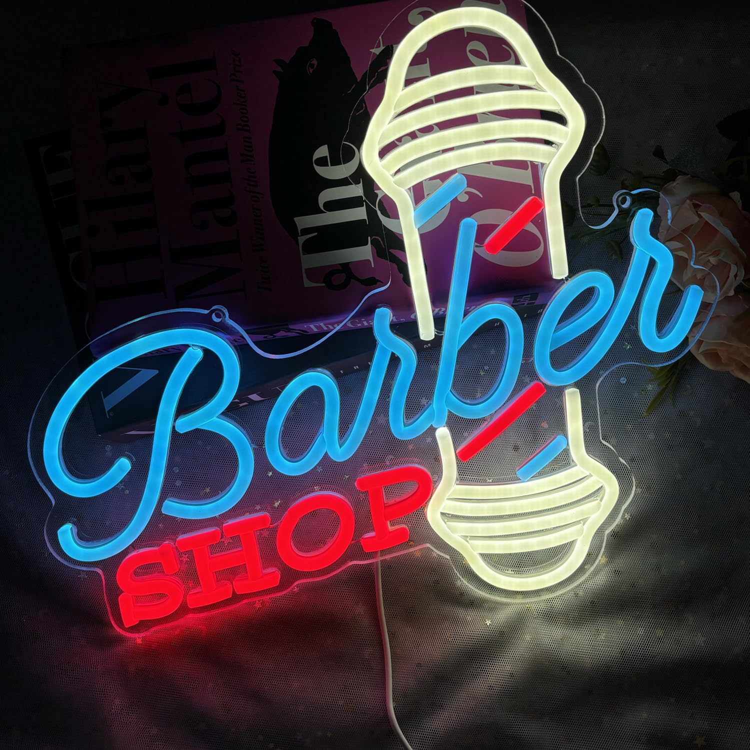 Panneau néon LED à intensité variable pour magasin de coiffure - Décoration murale et de fenêtre - Matériau acrylique réutilisable - Salon de coiffure - Cadeau pour coiffeur - 37 x 32 cm