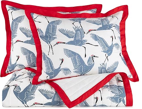 Novogratz by Utica Family of Cranes - Juego de edredón reversible 100% algodón, divertido, suave, acogedor, fácil cuidado, ligero y vibrante con