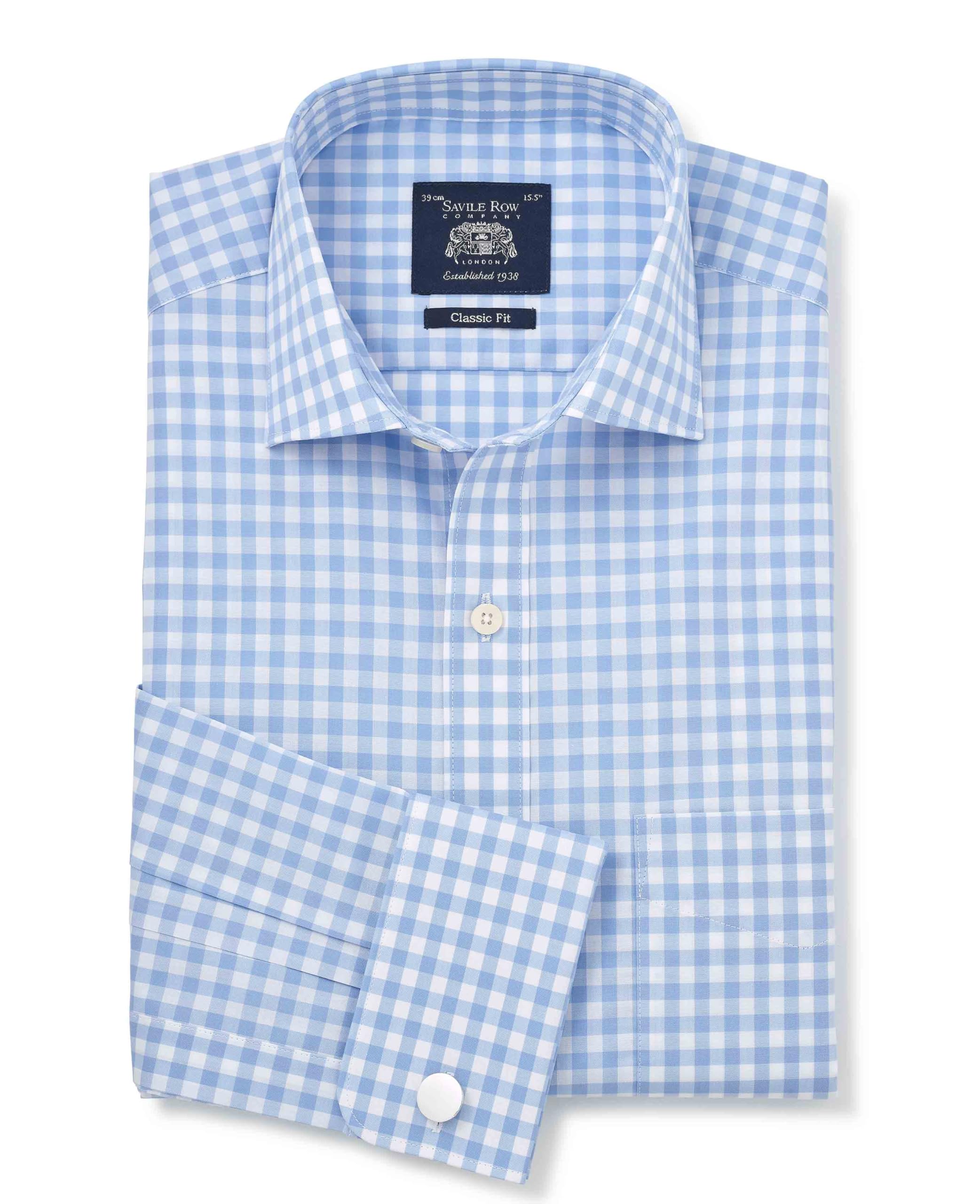 The Savile Row Company London Men's Sky Blue Gingham Check Classic Fit Cotton Poplin Double Cuff Formal Shirt - 16.5" Collar