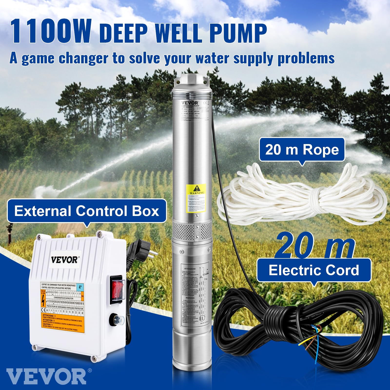 VEVOR Pompa Sommergibile d'Acqua 1100W Flusso max. 190 L/min per Piscina Giardino Orto in Acciaio Inox, Pompa Sommersa per Pozzi Profondi Prevalenza max. 57 m con Scatola Controllo Esterna Cavo 20 m