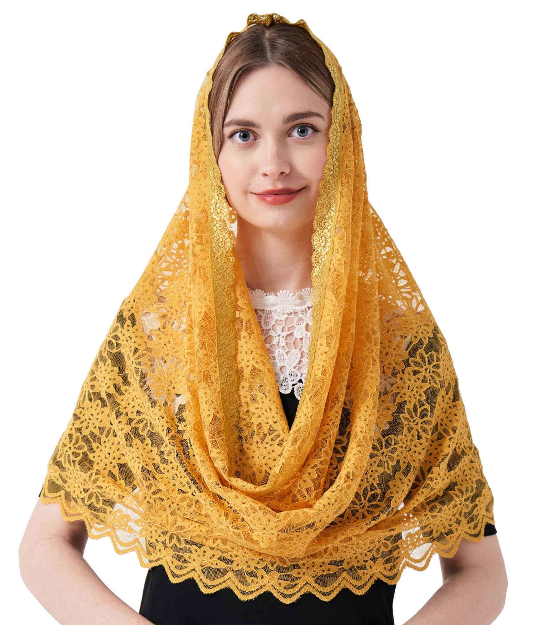 Yurongsxt Women's Golden Mantilla Infinity Veils Catholic Church Head Covering Floral Lace Cathedral Chapel Veil M27, 118Cm*60Cm