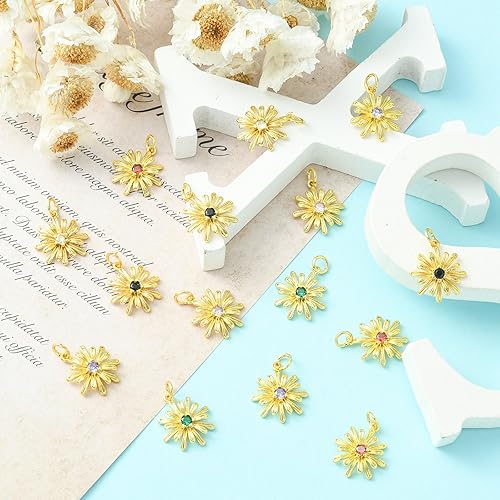 Miniatura 5 de Ipotkitt 20 dijes de flores de latón con circonita cúbica con anillo de salto, dijes en forma de flor para manualidades, pulseras, collares, joyería