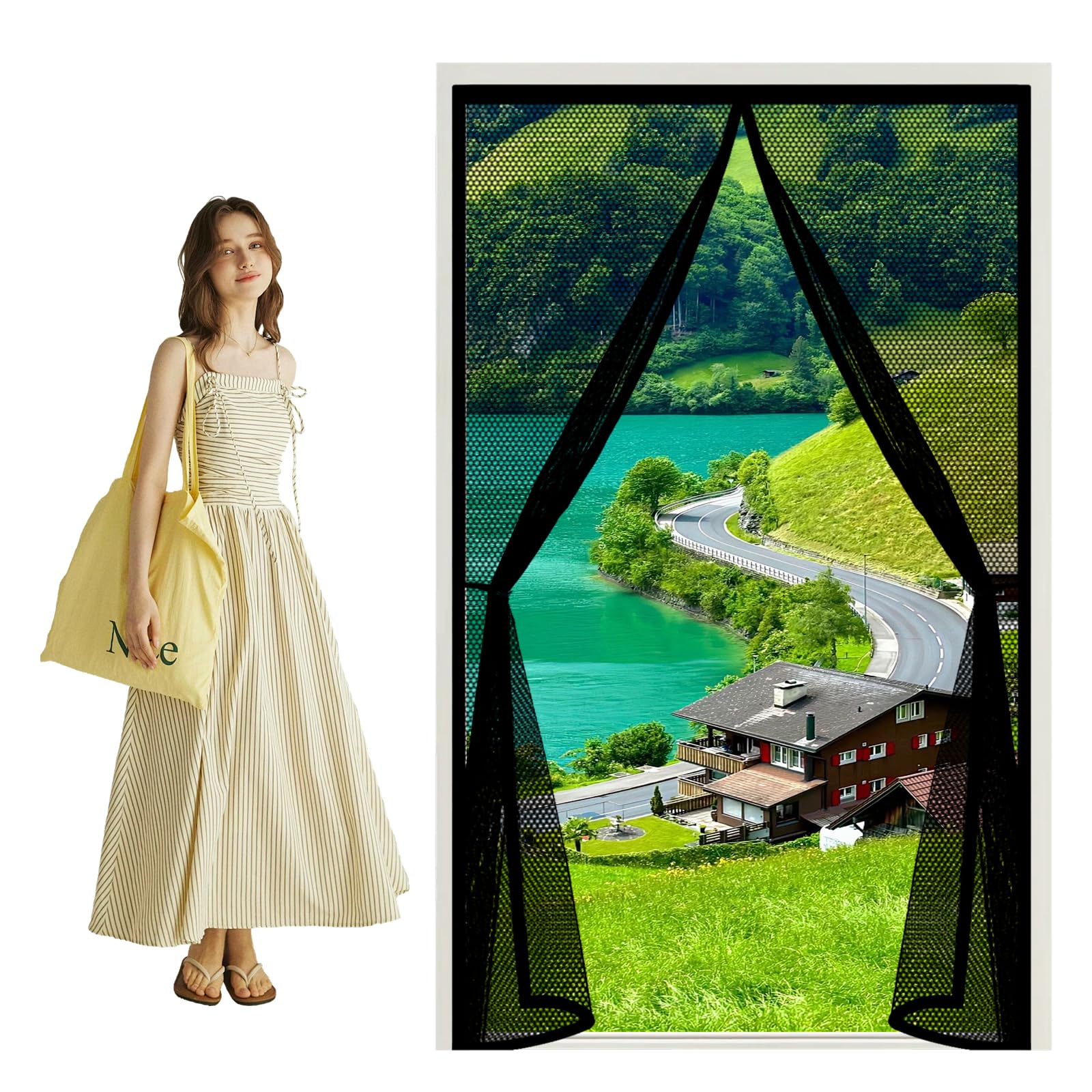 Mesh Curtain 205 x 160 cm Keep Bugs Out, Full Frame Magic Tape, Powerful Magnets, Self Sealing, No Drill Installation, Fly Insect Screen Mesh for Patio Exterior Indoor Doors, Black