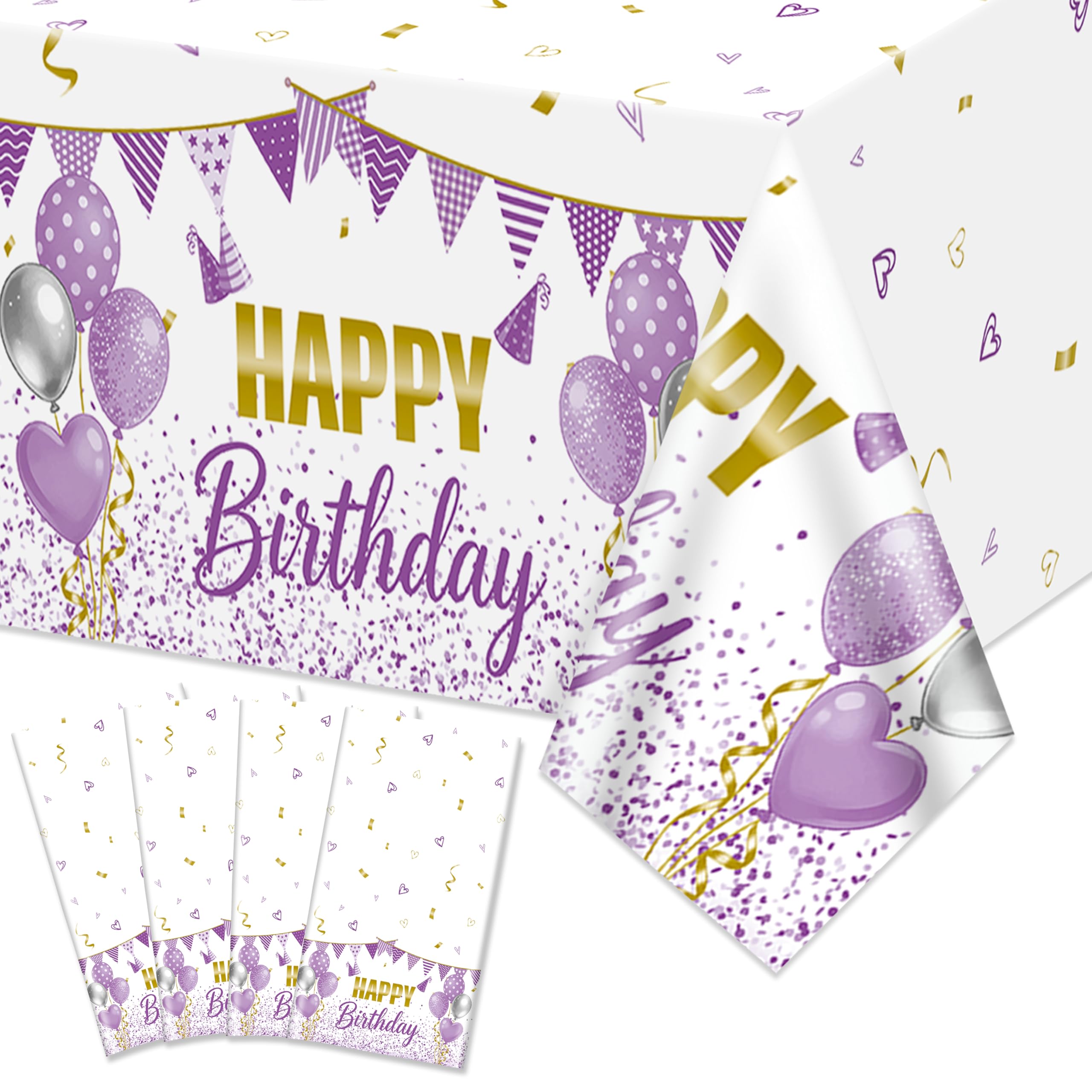 Hegbolke 4 Pack Happy Birthday Tablecloths, Waterproof Rectangle Purple and Gold Tablecloths for Girl Happy Birthday Party Decorations Baby Shower Indoor Outdoor Party Supplies, 130 x 220 cm
