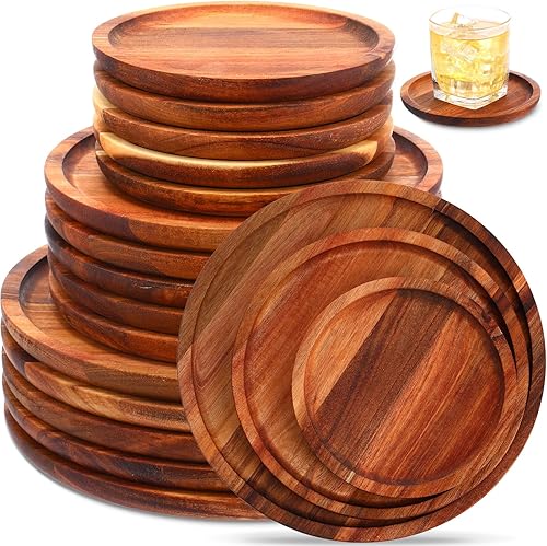 Roshtia Juego de 15 platos de madera de acacia, platos redondos de madera, platos de queso charcutería, bandejas para servir alimentos a granel para