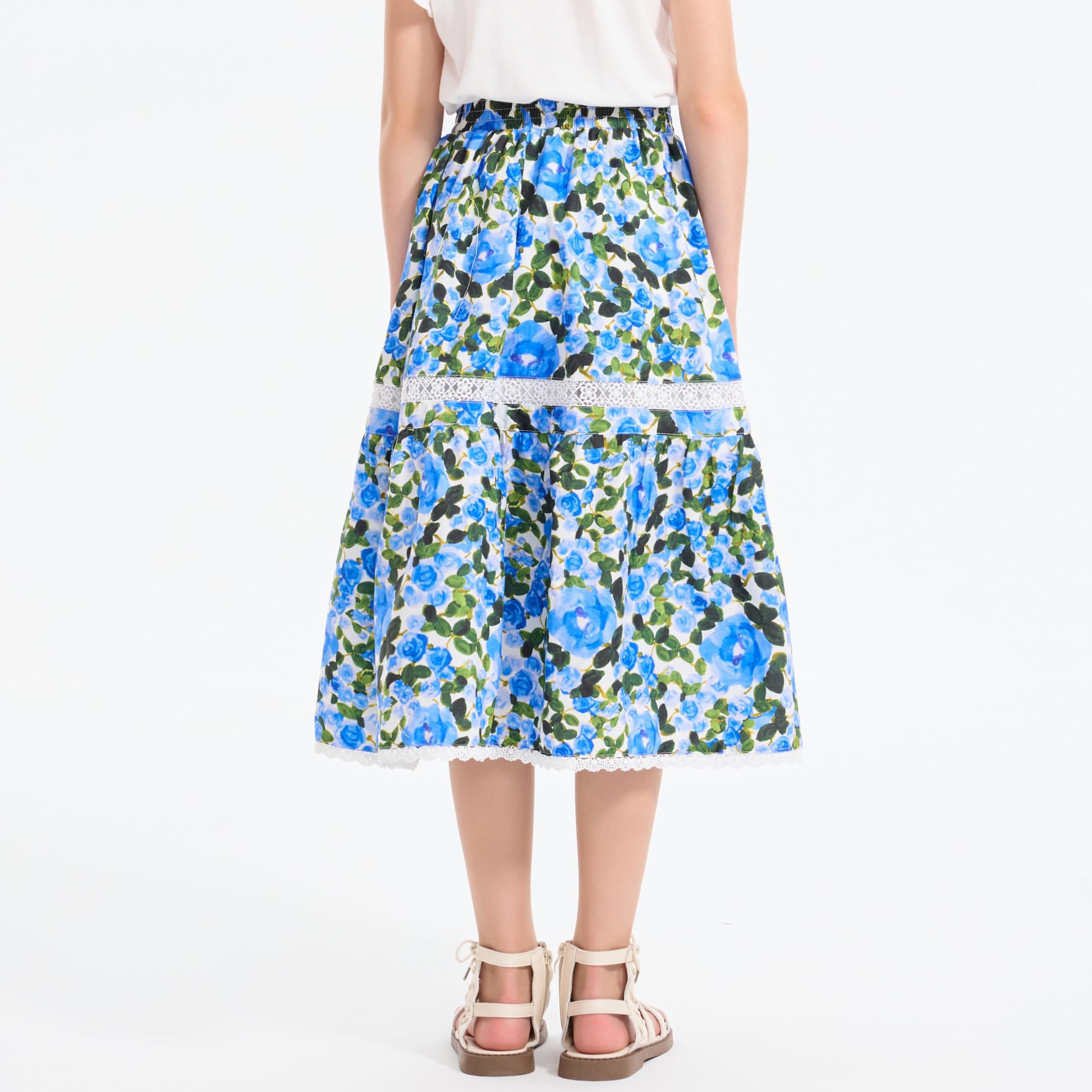 Rolanko Jupe Longue Floral pour Filles, Taille Haute Élastique Ourlet à Volants Boho Robe Longue Fluide en A