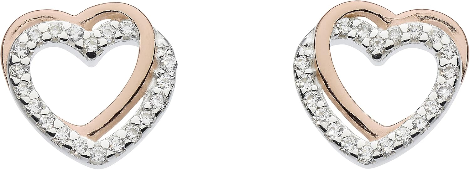 DEW Silver & Rose Gold Sparkling Entwined Heart Stud Earrings - Sterling Silver & Rose Gold Plate, Cute and Romantic Gift Idea