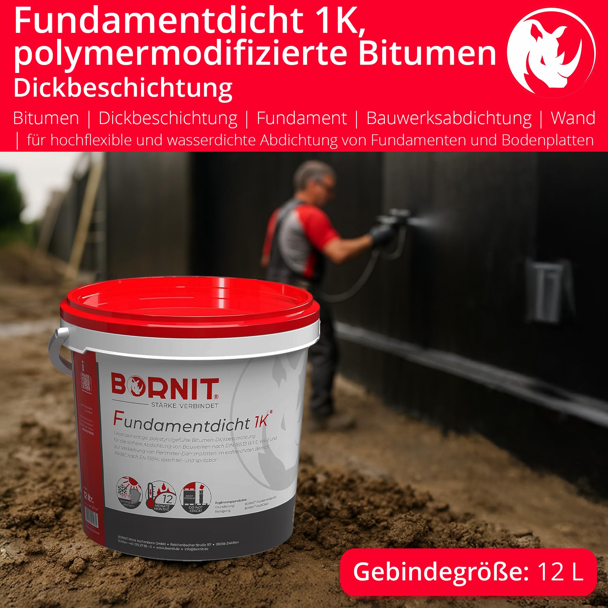 BORNIT Fundamentdicht 12L Bitumen Dichtmasse wasserdicht [gemäß DIN18533] | Dichtschlämme Bitumen Dickbeschichtung Haus Garage Dichtmasse außen Wasserdichte Beschichtung Bauwerksabdichtung Keller