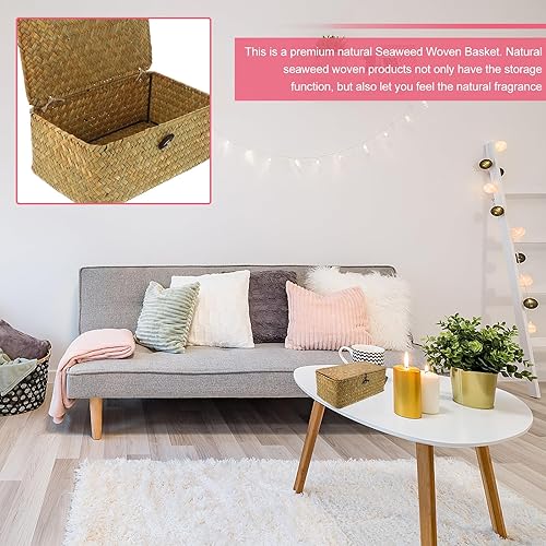 Miniatura 2 de BESPORTBLE Cesta de ratán con tapa, cestas de mimbre con tapa, cestas de almacenamiento de mimbre planas, cestas organizadoras tejidas con botón