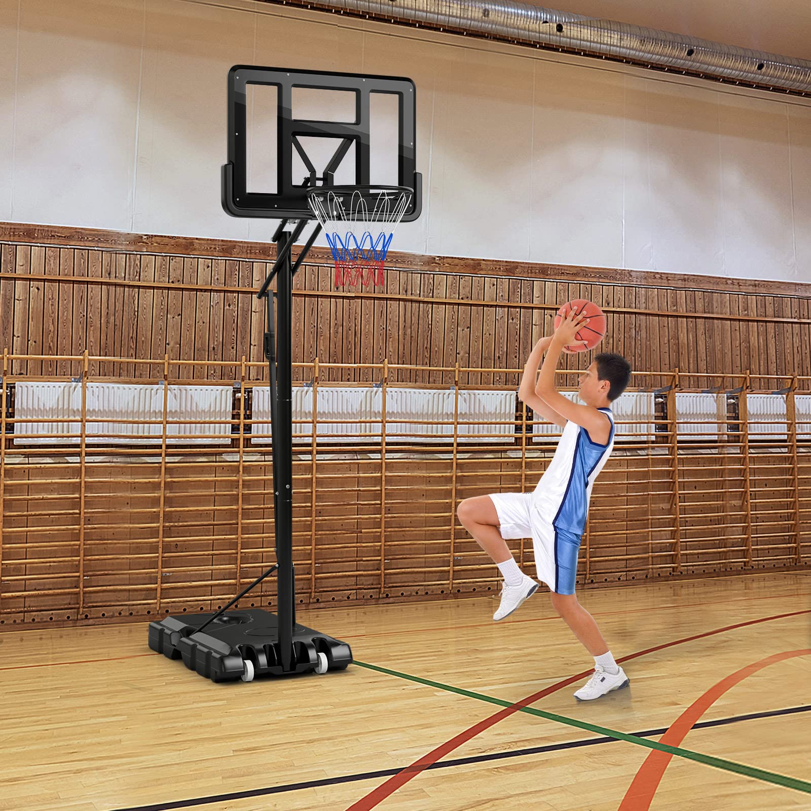 GYMAX Canestro da Basket Portatile, Canestro Basket Regolabile in Altezza 143-305 cm con Tabellone in PET, Cerchio in Metallo Solido da 48 cm e 2 Ruote, per Adulti, Adolescenti