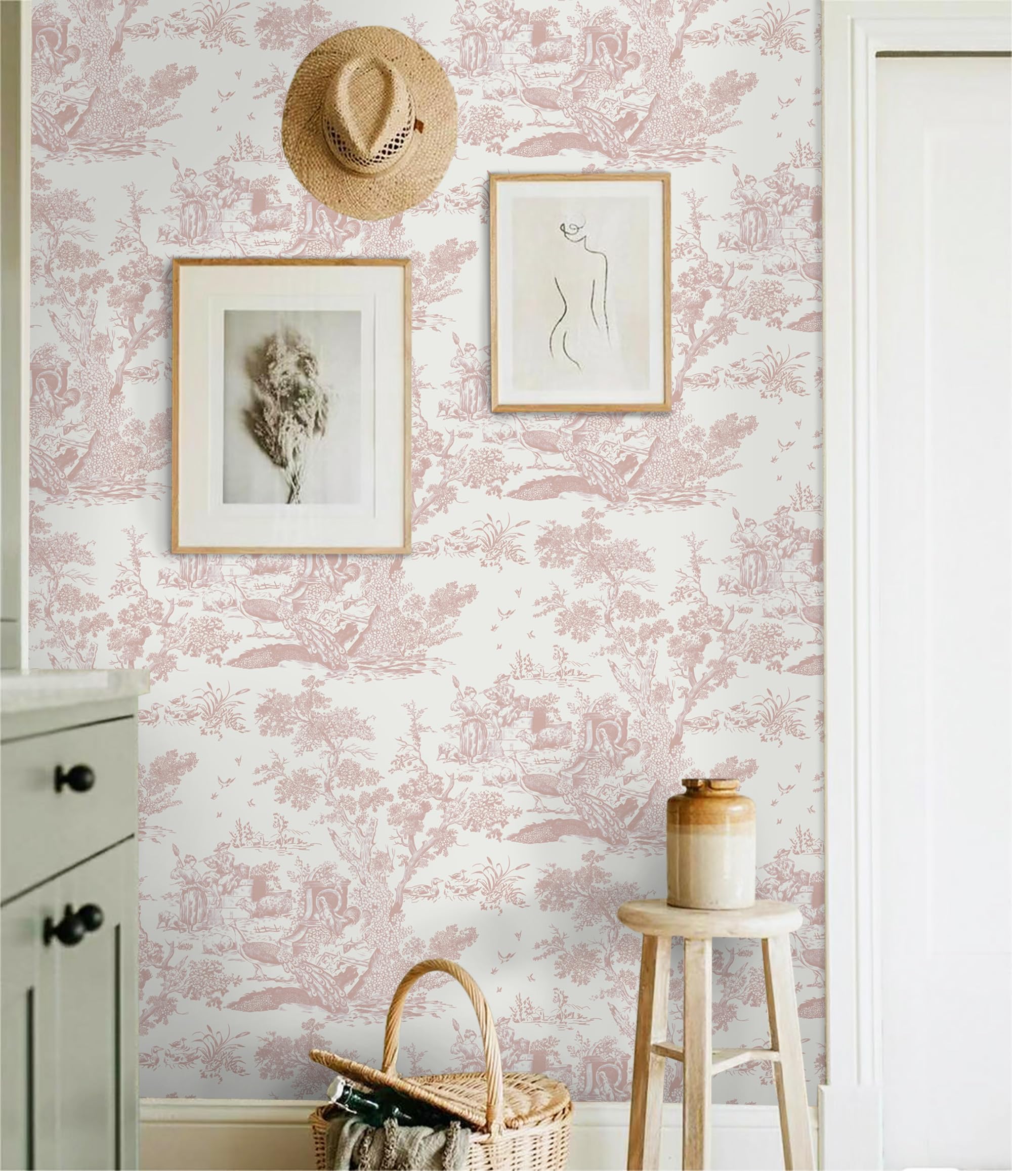 Papier Peint Autocollant Vintage 41 x 300 cm Vinyle Arbre Animaux Imperméable Rose Chambre