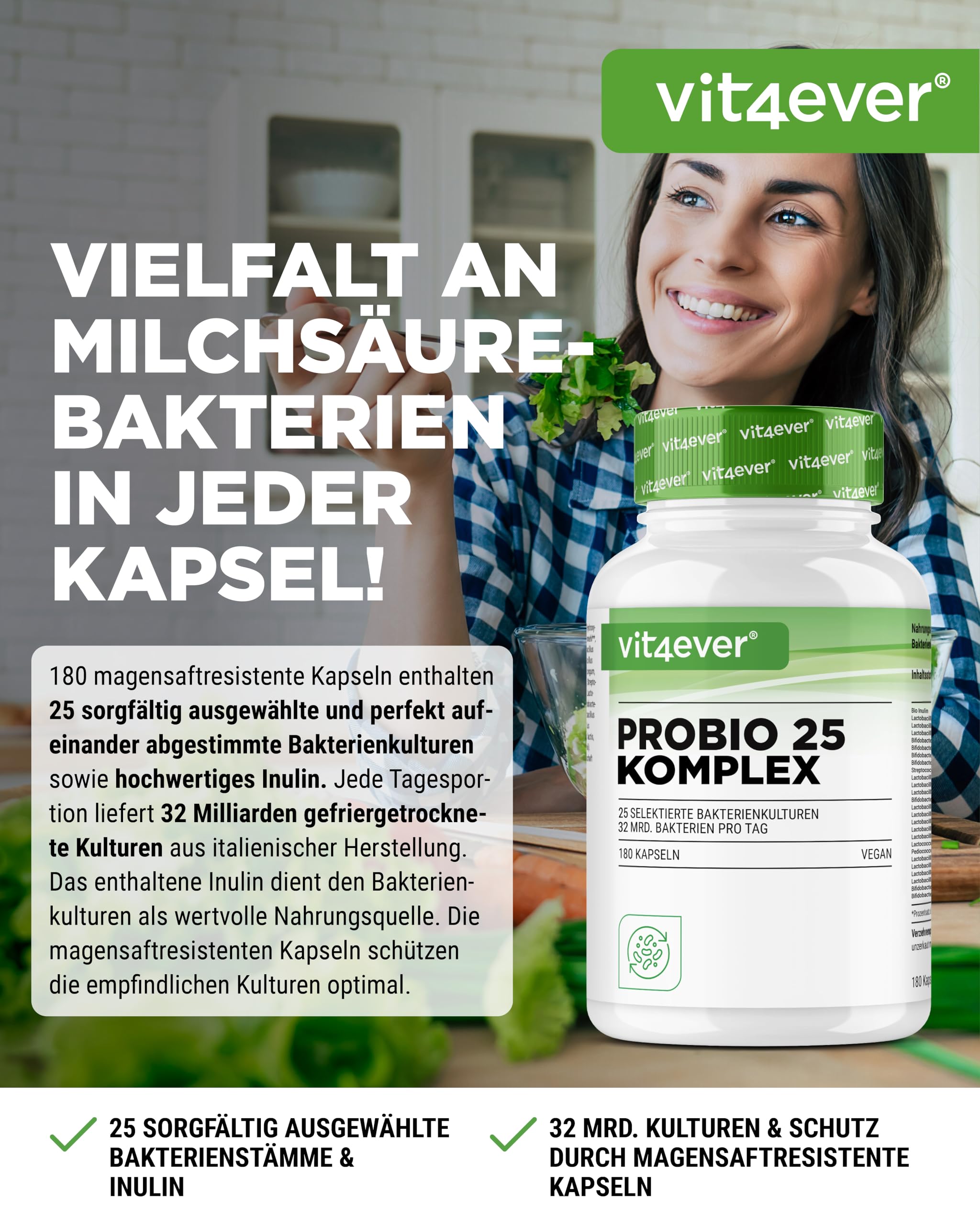 vit4ever Probio 25 Probiotika Komplex - 180 magensagtresistente Kapseln | Mit Inulin, magensaftresistente Kapseln, 3-Monats-Vorrat, vegan, 25 Stämme, 32 Mrd. KBE