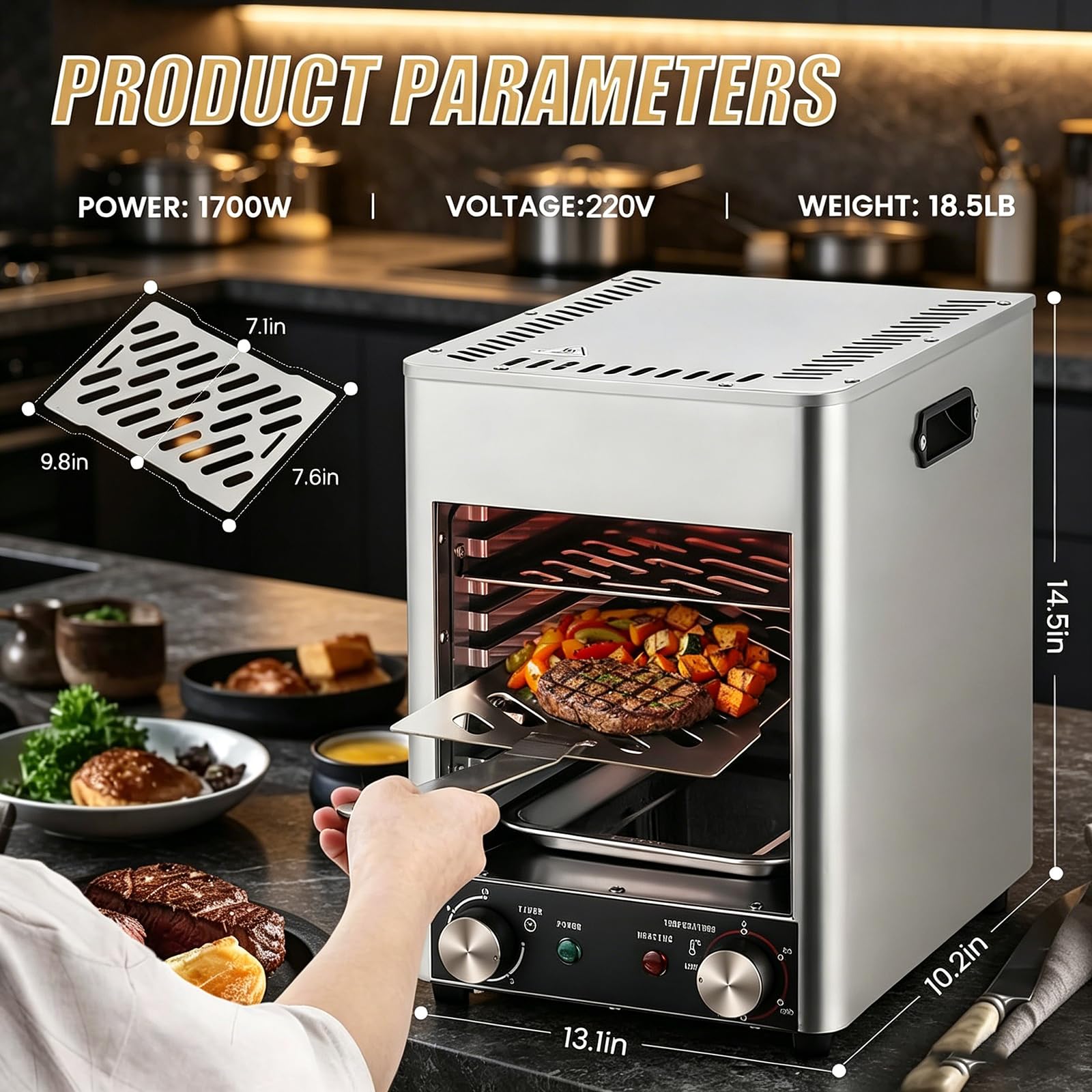 Komercyjny piec do mięsa 1700 W, bezdymny grill ze stali nierdzewnej, szybkie podgrzewanie 5 minut, regulowana temperatura od 200 do 800 ℃, 10-minutowy timer