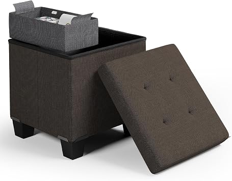Storage Ottoman Cube with Storage Bin, 15-In Square Ottoman with Storage for Living Room and Bedroom, Small Ottoman Foot Rest, Foot Stools Ottoman, Storage Chest Max 330lbs, Linen Fabric Brown Ottoman