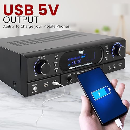 Miniatura 8 de Pyle Amplificador receptor de cine en casa Bluetooth  Amplificador de potencia máxima de 180 W con agudos, graves, control de eco, MP3USBFM, sistema