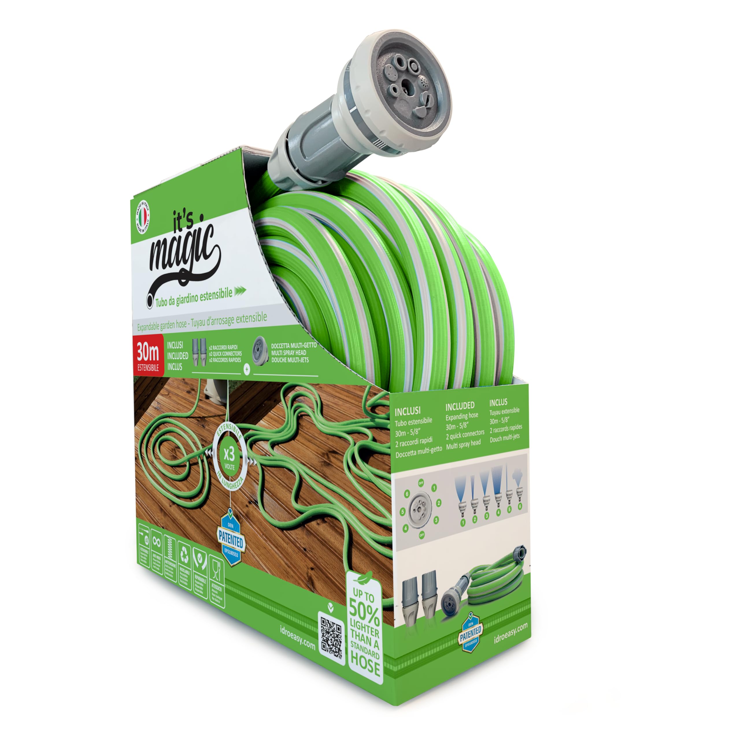 Idroeasy, manguera de jardín extensible de 30 metros, 5/8" de diámetro, manguera de riego extensible de 3 vías, resistente a nudos y torsiones, no tóxica, ligera, ahorra espacio, Made In Italy