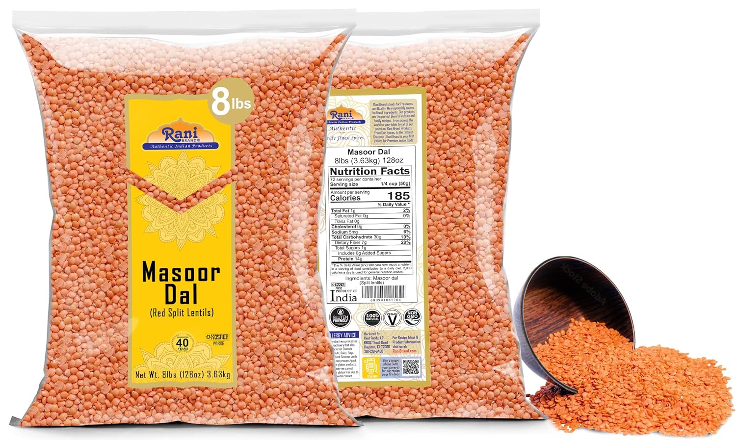 Rani Masoor Dal (Indian Red Lentils) Split Gram 128oz (8lbs) 3.63kg Bulk ~ All Natural | Gluten Friendly | NON-GMO | Kosher | Vegan | Indian Origin