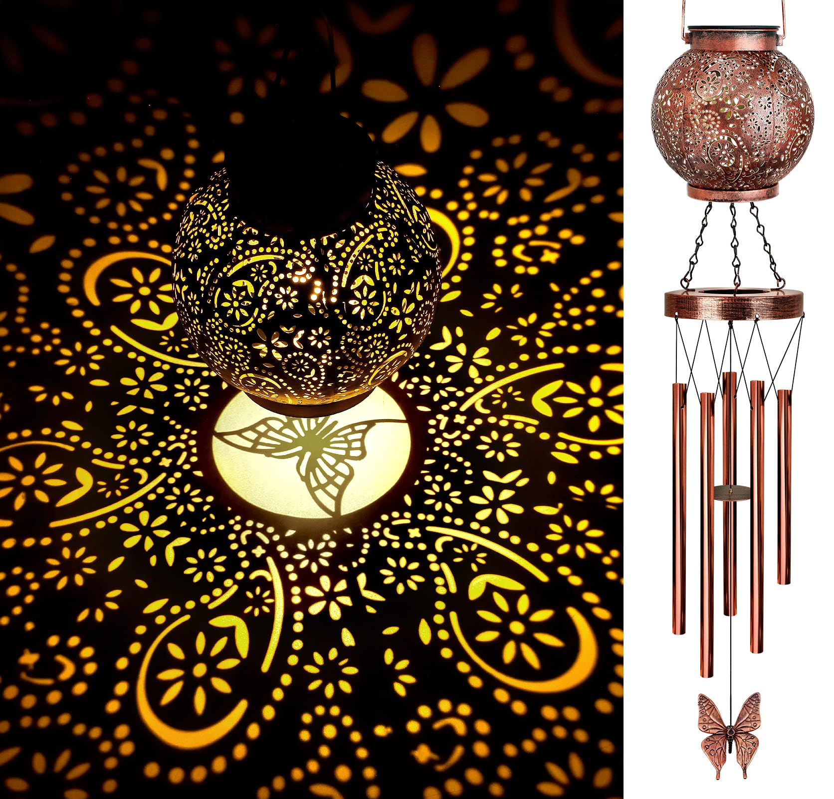 YHmall Solar Wind Chimes for Outside, Hanging Memorial Wind Chimes for Mom Women Grandma, Flower Solar Lantern Windchimes Outdoors for Garden Decor