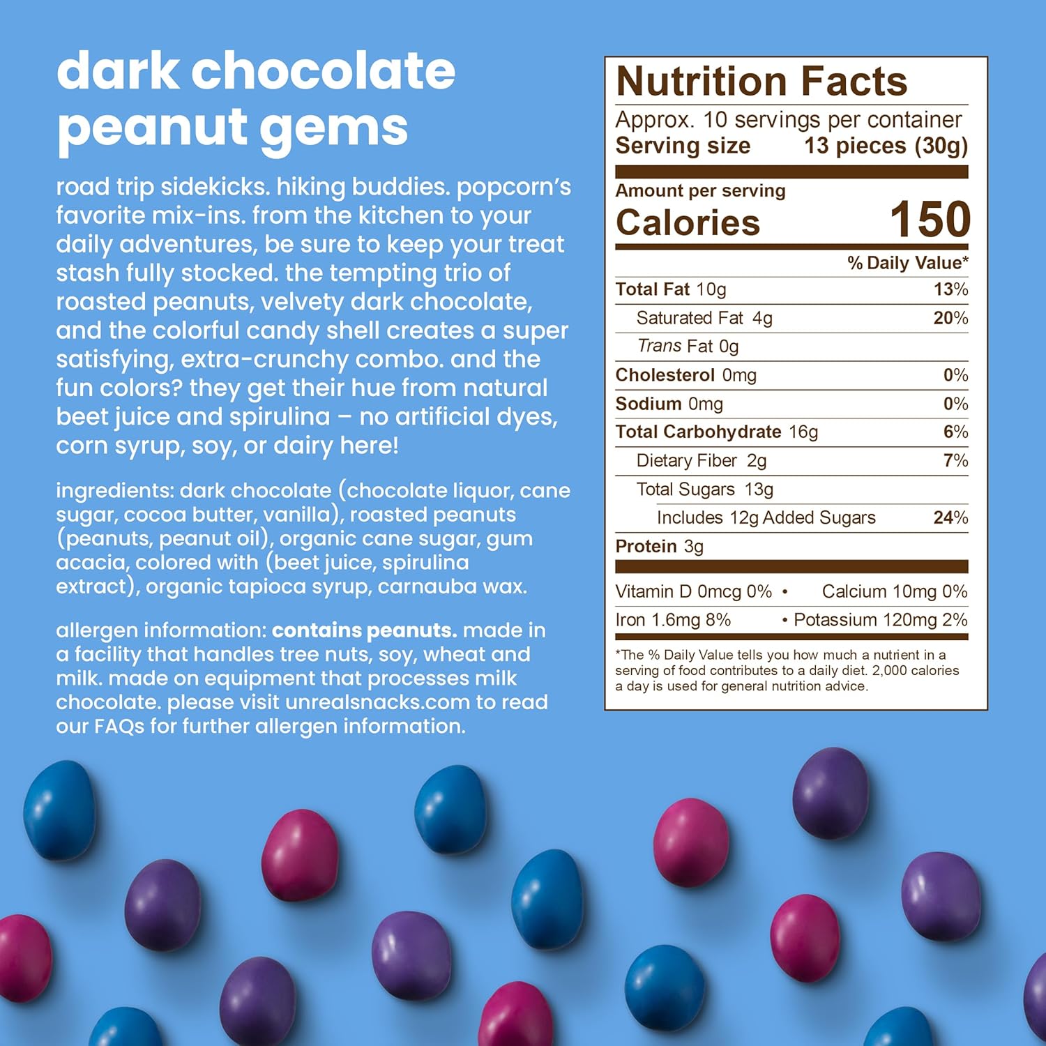 Unreal Dark Chocolate Peanut Gems | Certified Vegan Fair Trade, Non-GMO | Made with Gluten Free Ingredients and Colors from Nature | No Sugar Alcohols or Soy 1.5 Oz (Pack of 12)