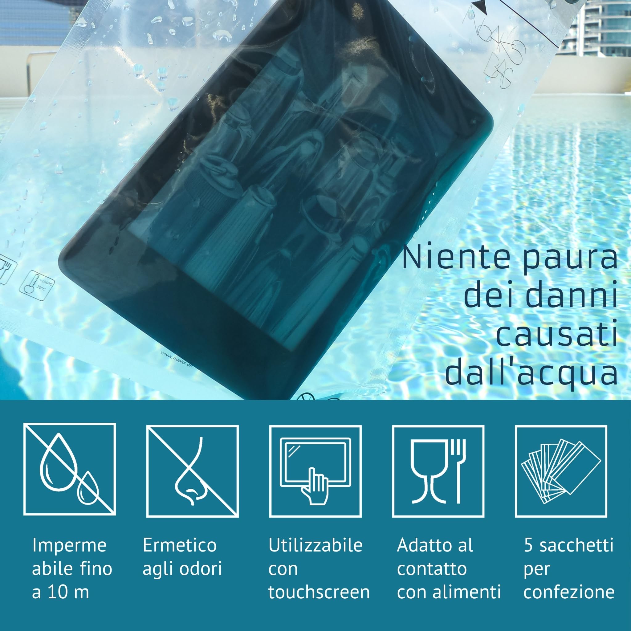 Noaks Bag Sacca Impermeabile, Taglia M, 5 Pezzi ZIP Sacchetti con Chiusura Ermetica, Trasparente
