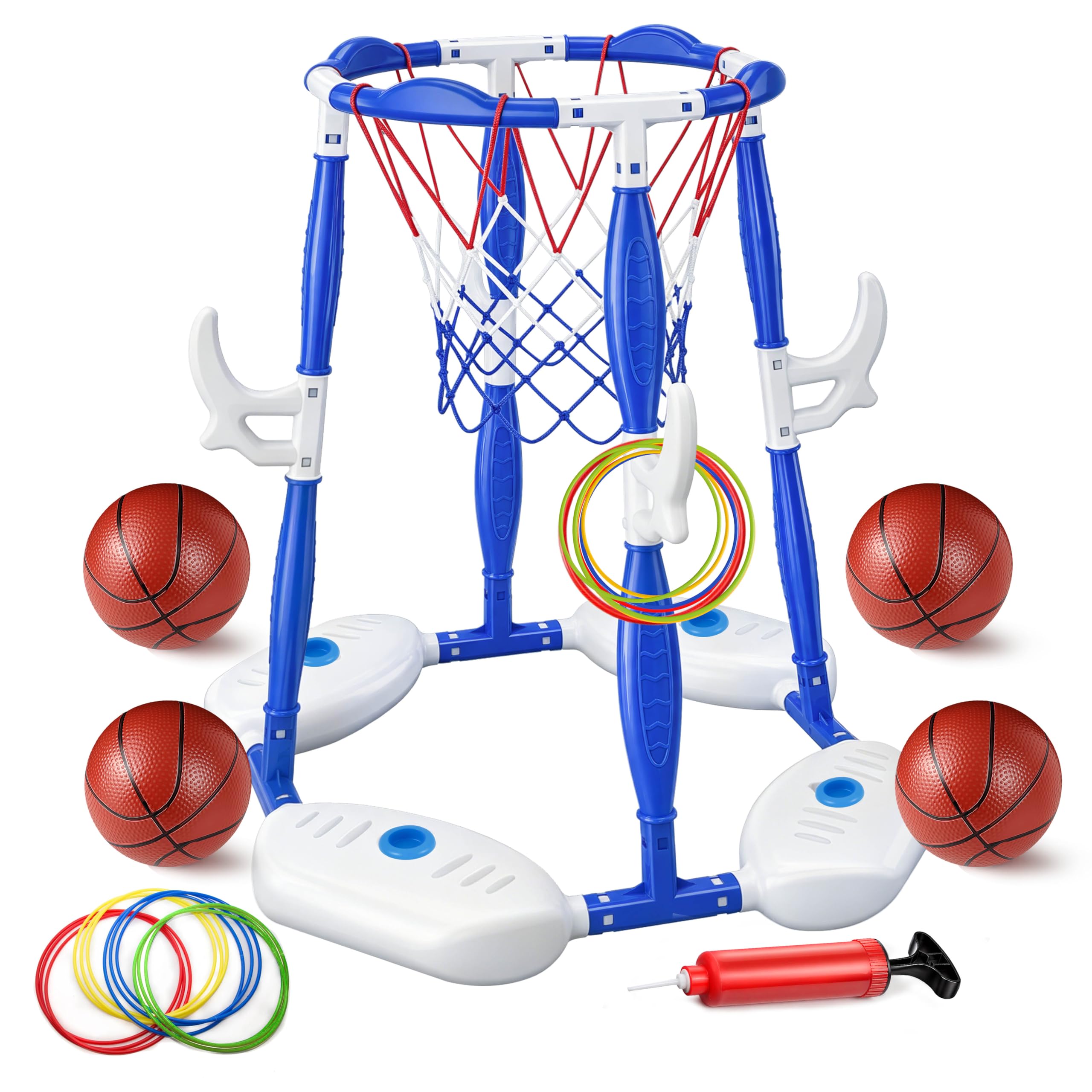 Basketballreifen für Pool, 2-in-1 schwimmendes Set mit 4 Bällen, 12 Reifen und Pumpe, ideal für Familienfeiern im Freien, schwimmendes Pool-Spielzeug für Kinder von 4 bis 8 Jahren und 8 Jahren