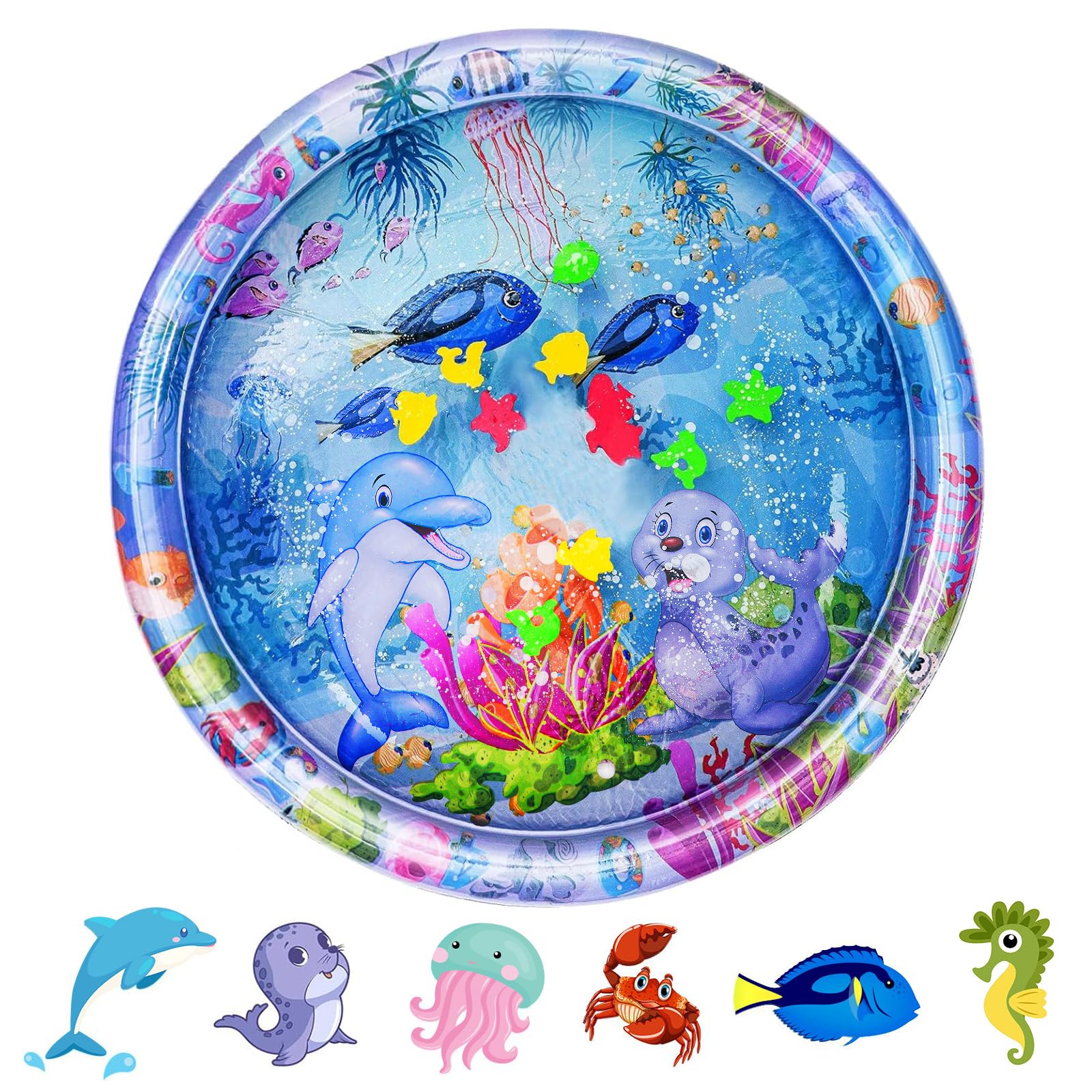 Aolso Wassermatte Baby, Runden Aufblasbare Spielmatten 100 x 100cm, befüllbar mit Wasser,BPA-frei Faltbar Wasserspielmatte,Baby Spielzeug 3 6 9 Monate - Siegel Stil (Blau)