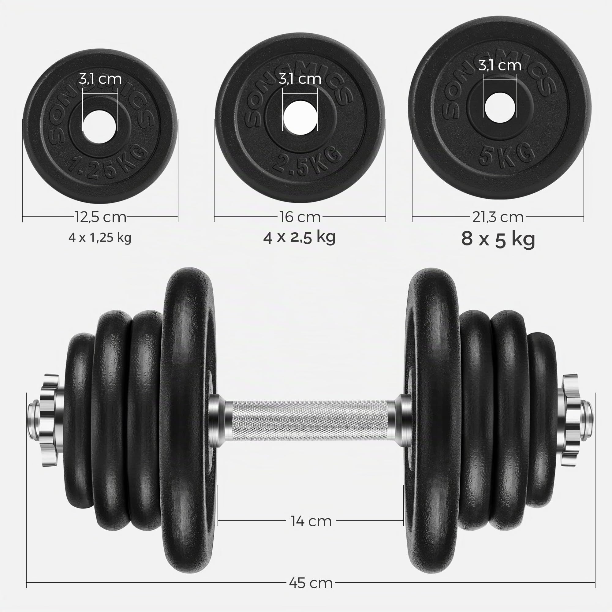 SONGMICS Juego de Mancuernas Ajustables de Hierro Fundido, para Hombres y Mujeres, Entrenamiento de Fitness, Levantamiento de Pesas en el Gimnasio de casa - 1 Par
