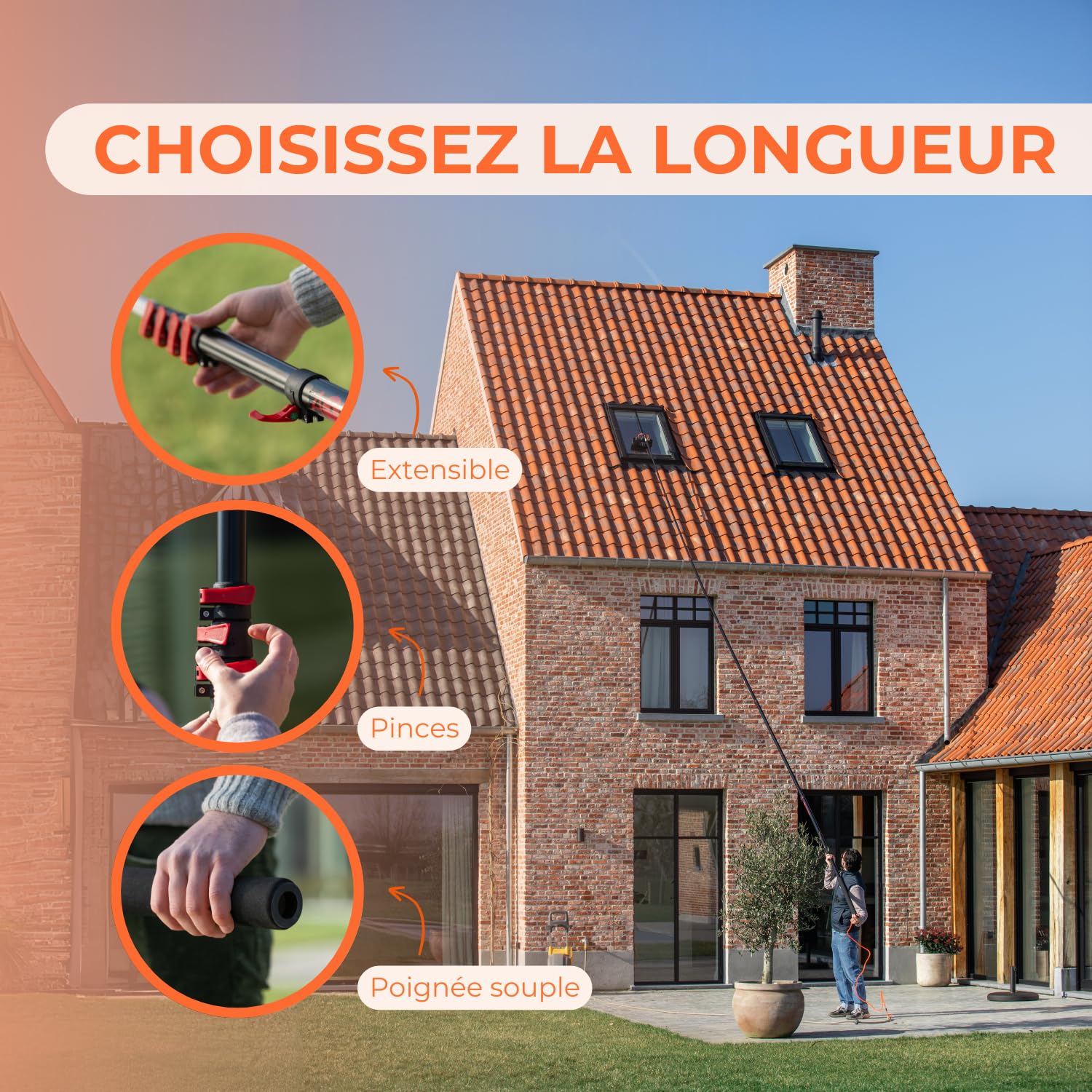 Aquascopic Perche télescopique avec Brosse 5 surfaces perméable à l’eau et Tuyau d'eau interne - Nettoyeur de vitres réglable en hauteur – Nettoyer panneaux solaires - Jusqu'à 10 m