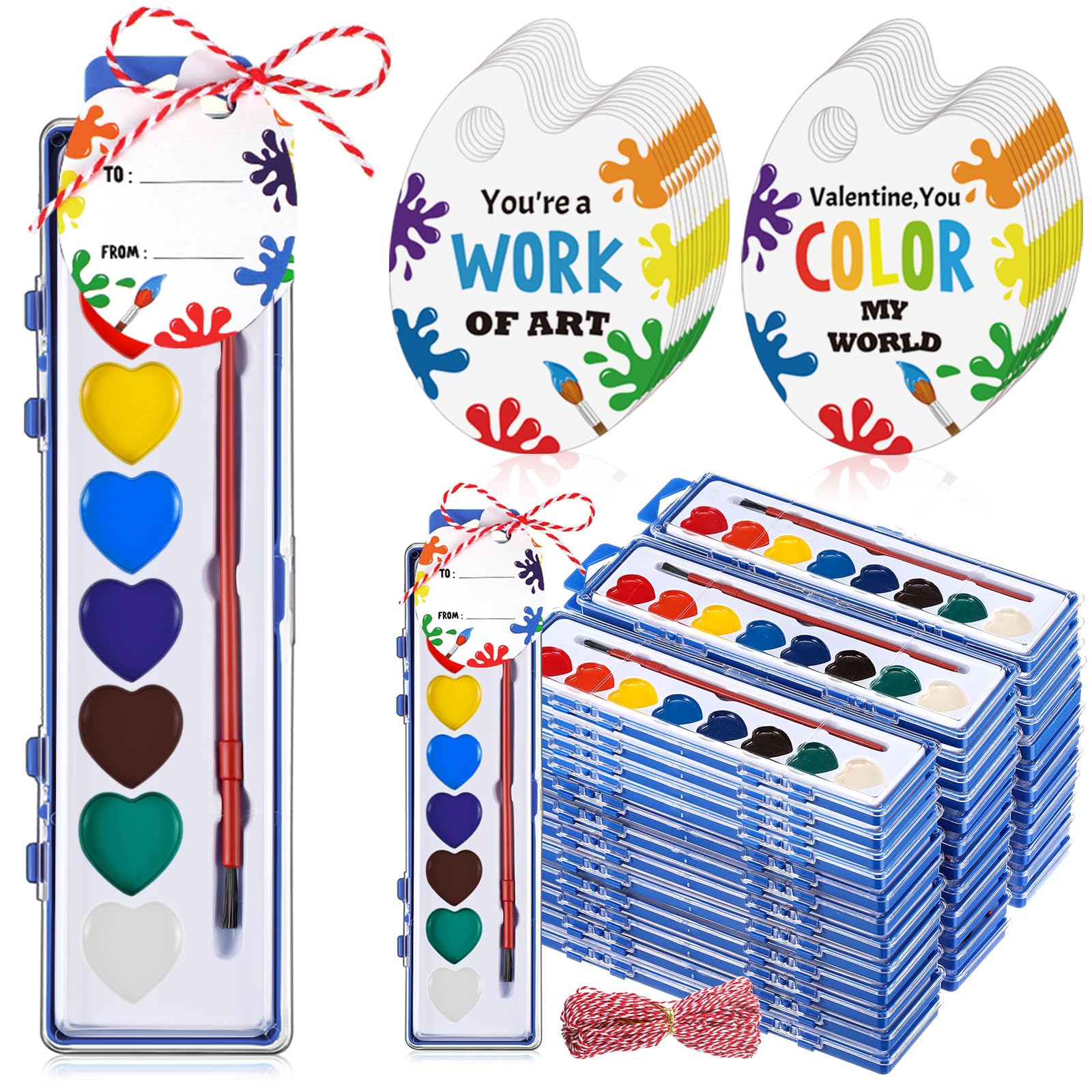 Sabary 36 Pack Watercolor Paint Sets for Valentine's Day Gifts 8 Heart Shape Washable Water Color Paints with Gift Card and 20 Meter Red Rope for Valentine School Birthday Present Exchange Graduation
