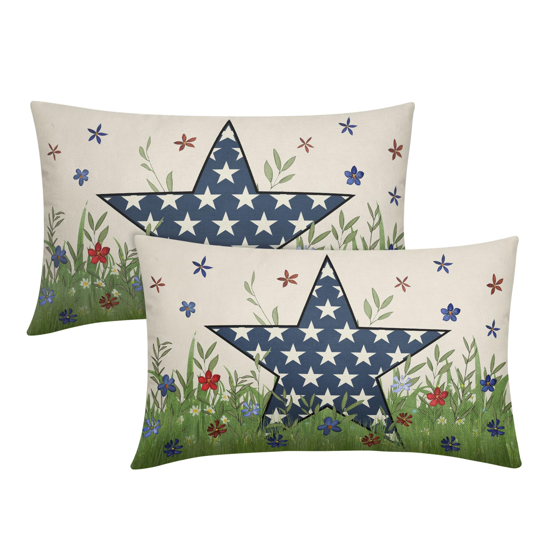 4th of July Lumbar Pillow Covers 12x20 Set of 2 Memorial Day Navy Blue Red Floral Star Print Rectangle Decorative Throw Pillow Cases USA Patriotic