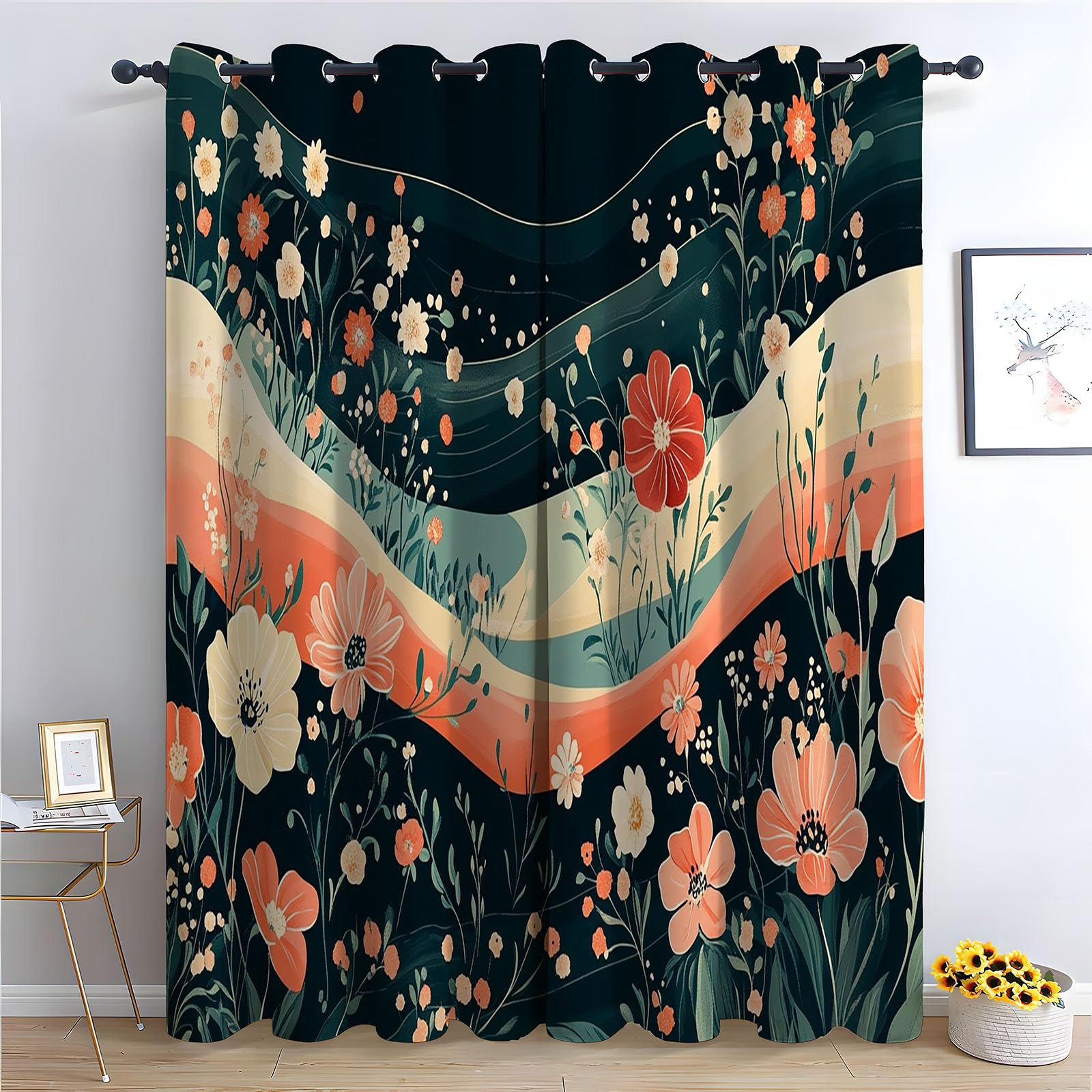 WQBQKKX Plant Curtains Window Flowers Farmhouse Flower Print Decorative Grommet Window Drapes Blackout Curtains for Bedroom-52 W x 108" L (Pack of 2)