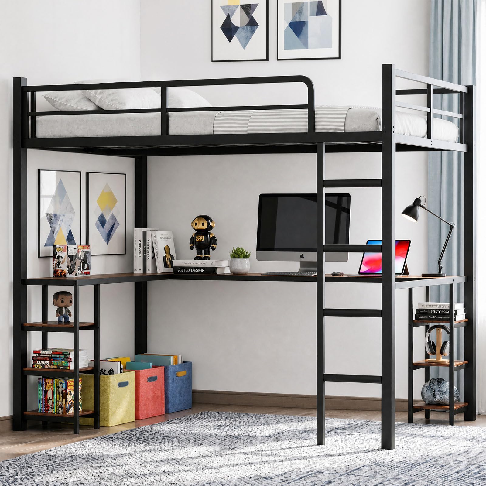 full size loft bed with desk, metal frame with shelves and clothes rack, anti-tilt design & 12" safety rail, space-saving loft bed for teens, black