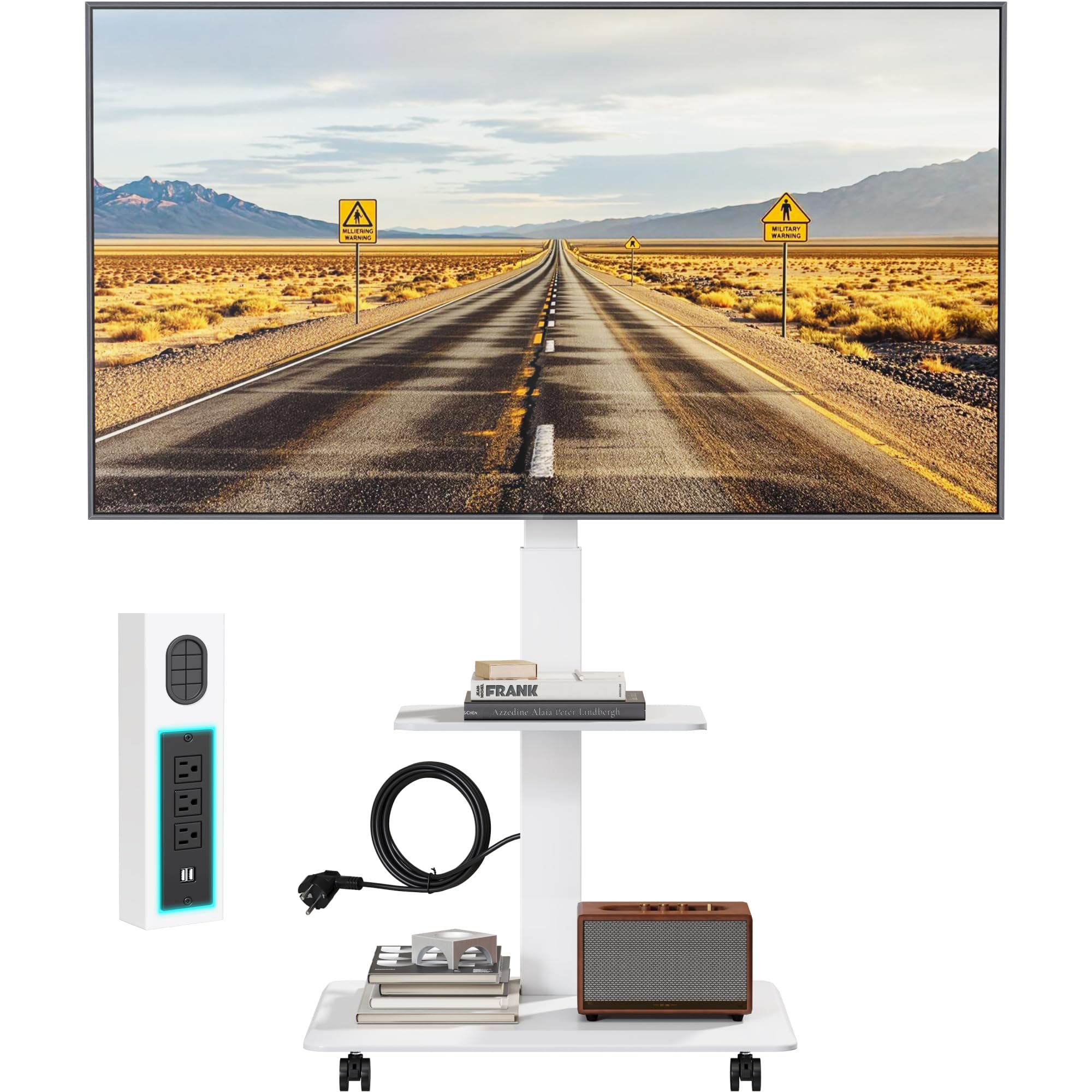 TV Ständer Rollbar für 37-75 Zoll bis zu 50kg, Max VESA 600x400mm | TV Standfüße mit Steckdose, Versteckter Kabelverwaltung, Höhenverstellbar, Schwenkbar, Neigbar, 2-Fache Tragkraft, Weiß
