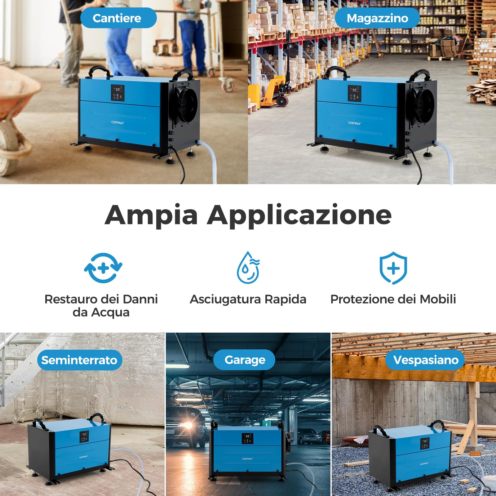 COSTWAY 58,5/73,5 L Deumidificatore Commerciale, Deumidificatore Industriale con 3 Modalità e Timer 24H, Sbrinamento Automatico per Cantina Magazzino (73,5 L/giorno Blu)