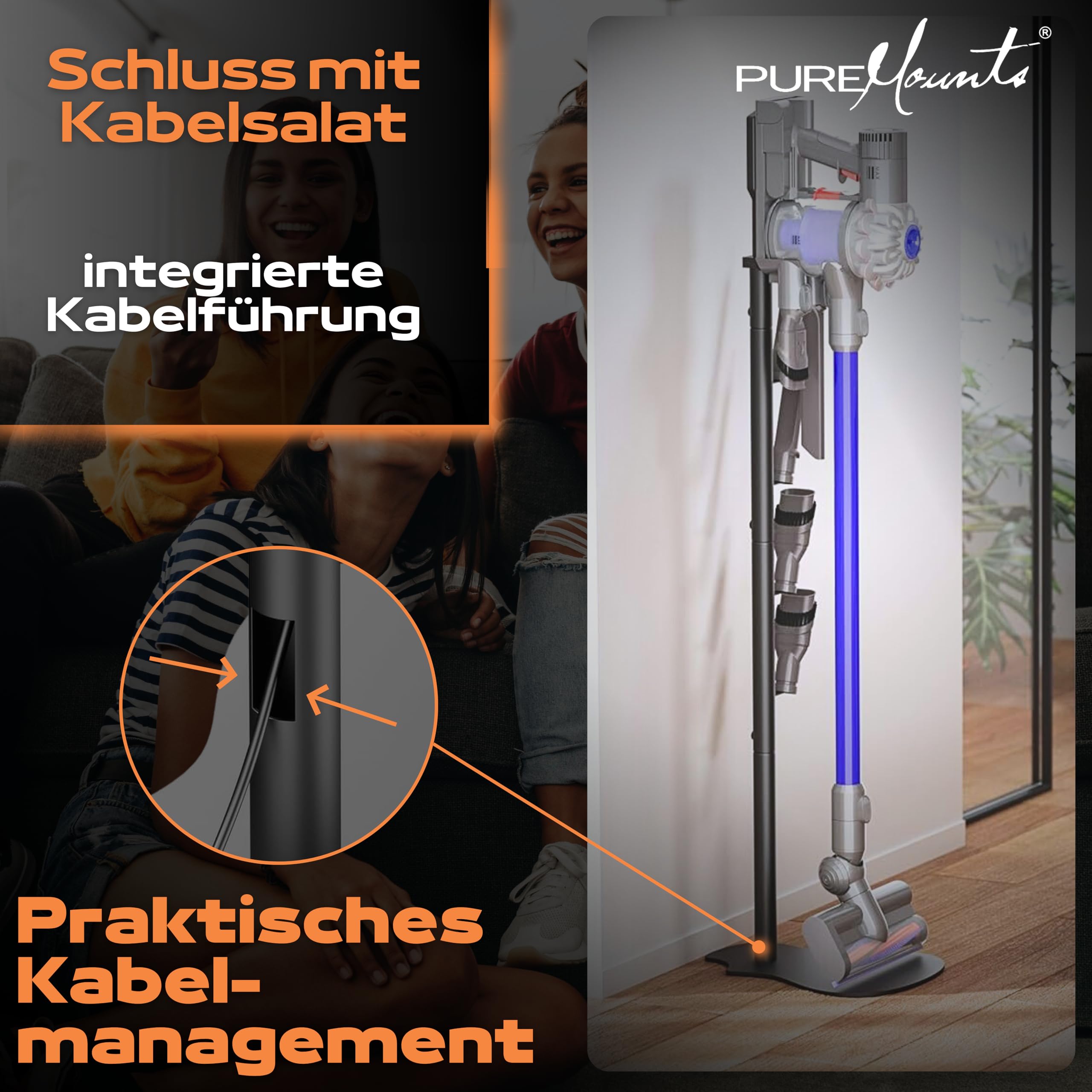 PureMounts Staubsauger Ständer Halterung universal kompatibel mit Dyson, Philips, Samsung, Bosch, Miele, Anyson, Xiaomi, Bodenständer, Zubehör Halter, Schwarz