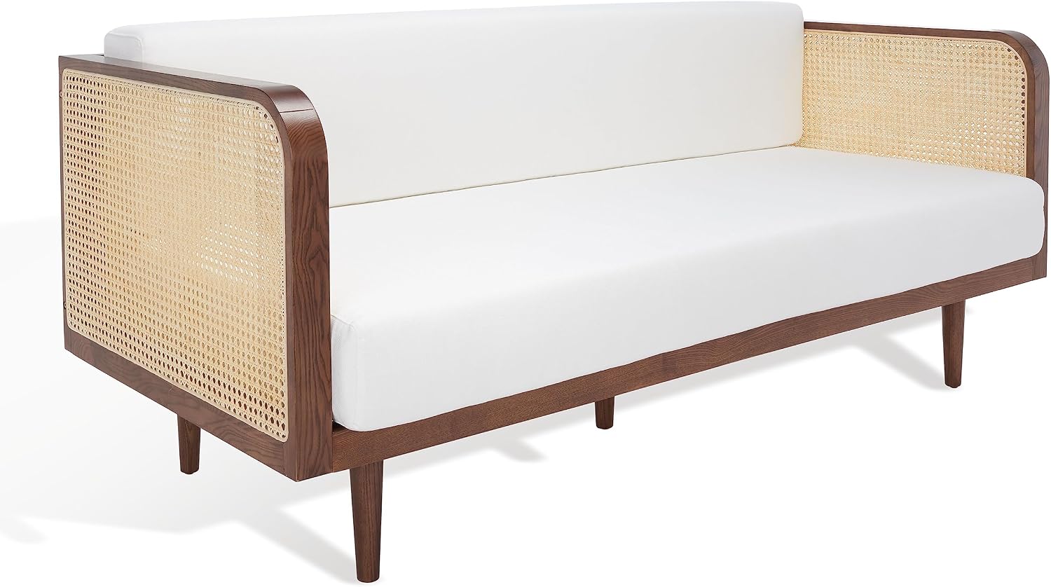 SAFAVIEH Couture Collection - Petroski French Cane Sofa, Walnut Wood Frame with Natural Rattan Sides, Modern Design (DUP1007D)