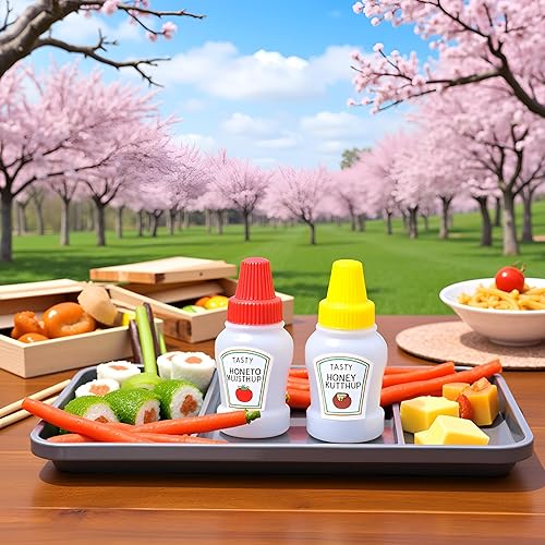 Miniatura 2 de 4 pares de mini botellas de ketchup para accesorios de caja Bento, 0.8 onzas líquidas, botellas vacías de salsa de tomate japonesa para aderezo de
