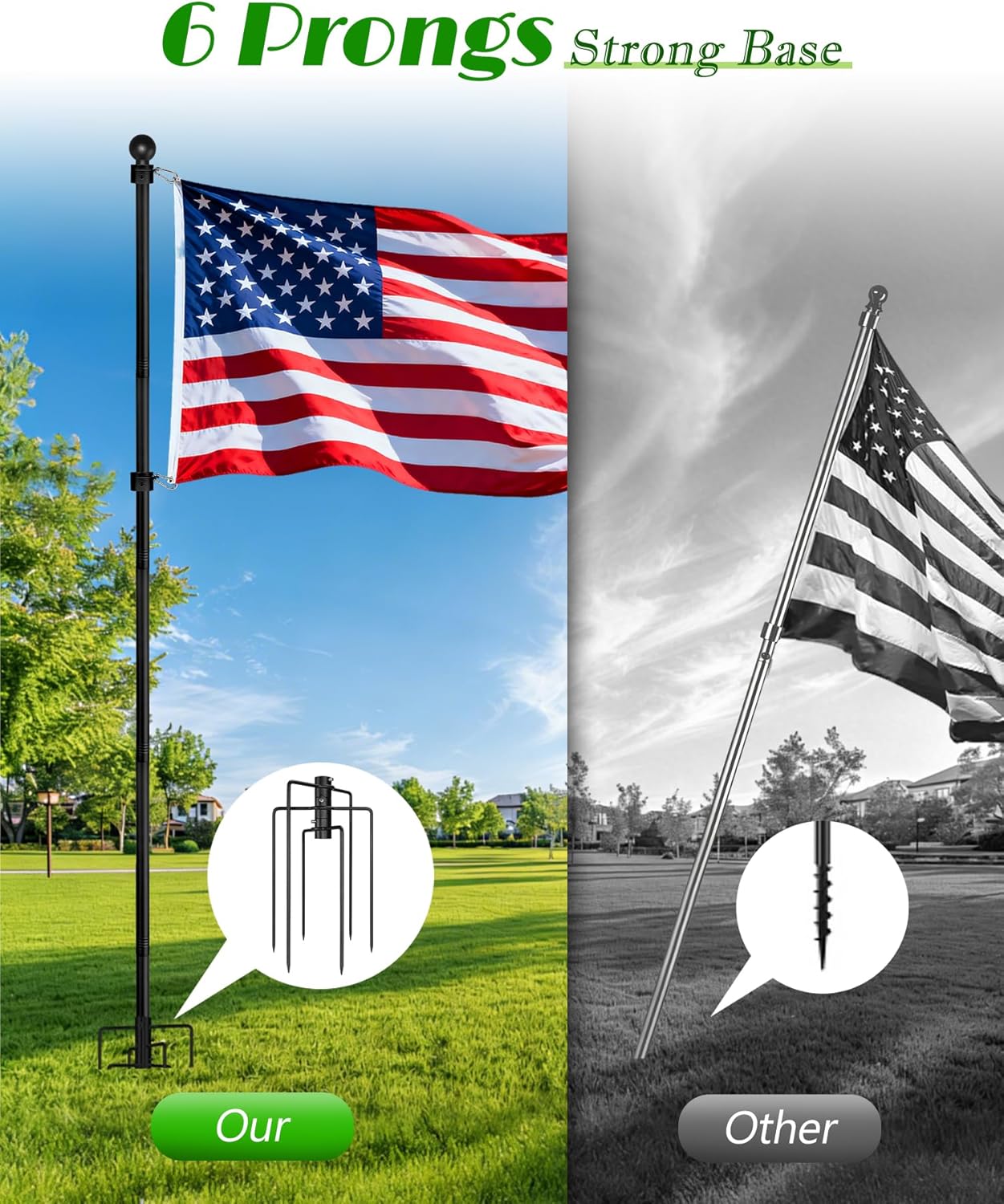 8FT in Ground Stainless Steel Flag Pole, Heavy Duty Thicken Flagpole with 6 Prongs Base & Rotating Rings, Wind Rust Proof for Outside House Yard Residential Commerical(Without Flag)
