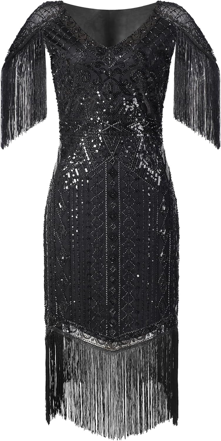 Women's Flapper Dresses 1920s V Neck Beaded Fringed Great Gatsby Dress - Image 6