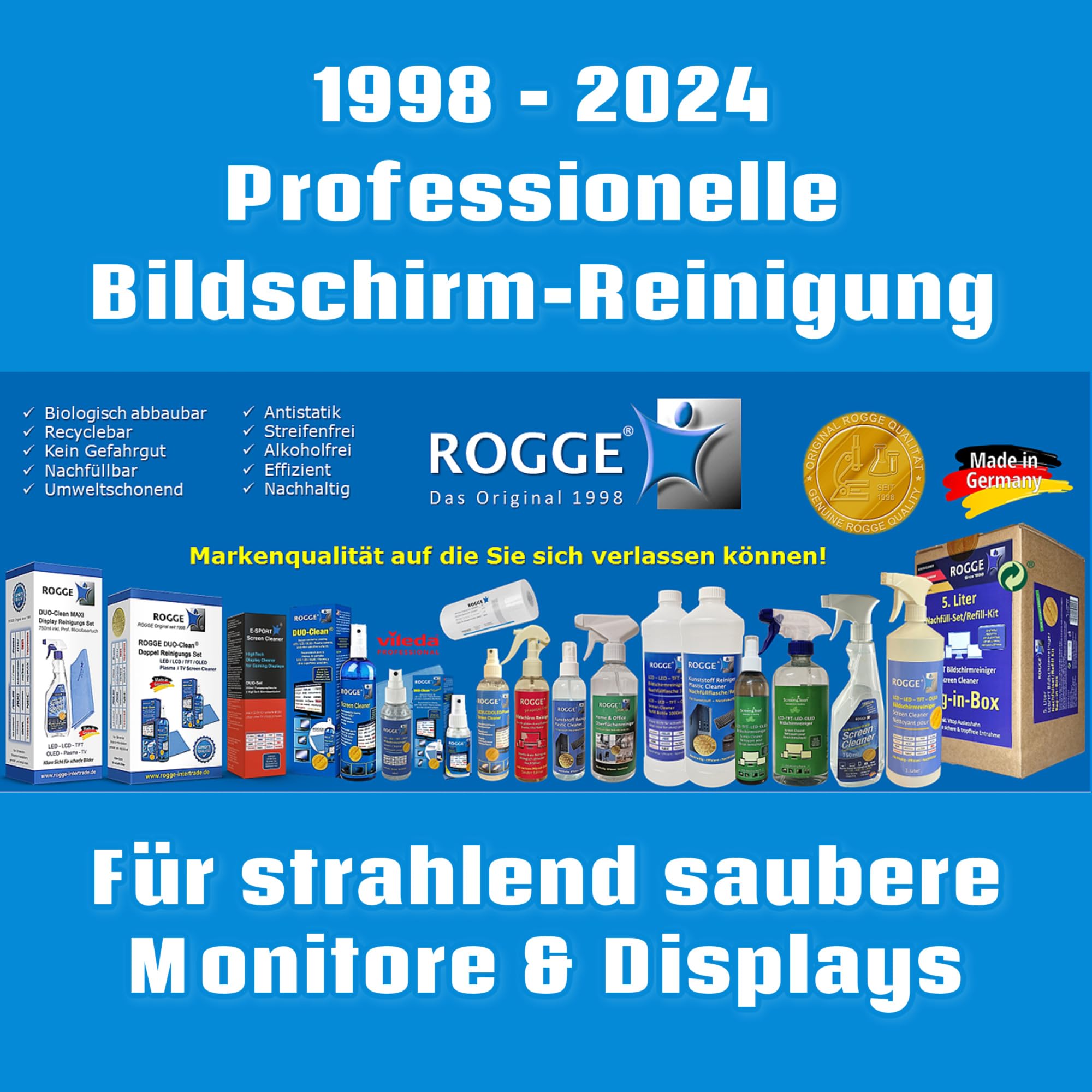 ROGGE Duo-Clean Original Set, 250ml Płyn do czyszczenia ekranu + 2 premium ściereczki mikrofibrowe ROGGE. Czyści wyświetlacze telefonów, laptopów i telewizorów - LCD, LED, OLED, QLED, TFT usuwa plamy