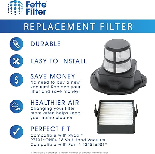 Miniatura 5 de Fette Filter - Juego de pantallas de filtro P7131 compatible con Ryobi P7131, P7131ID 18V ONE+ HAND VACUUM Parte # 534526001 y filtro 533907002 (1
